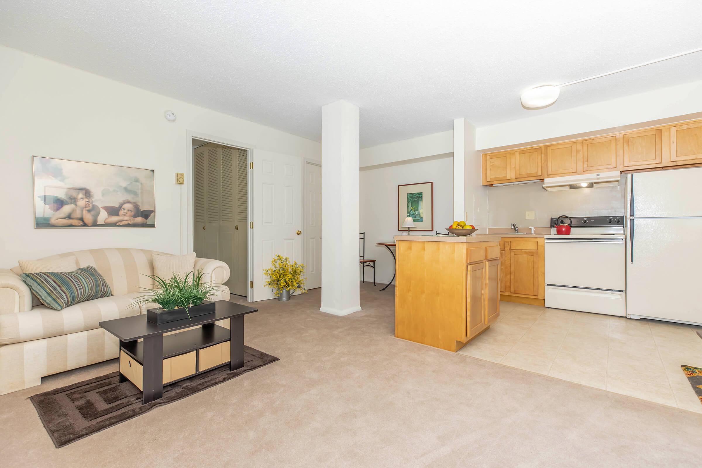 a living room filled with furniture and a refrigerator