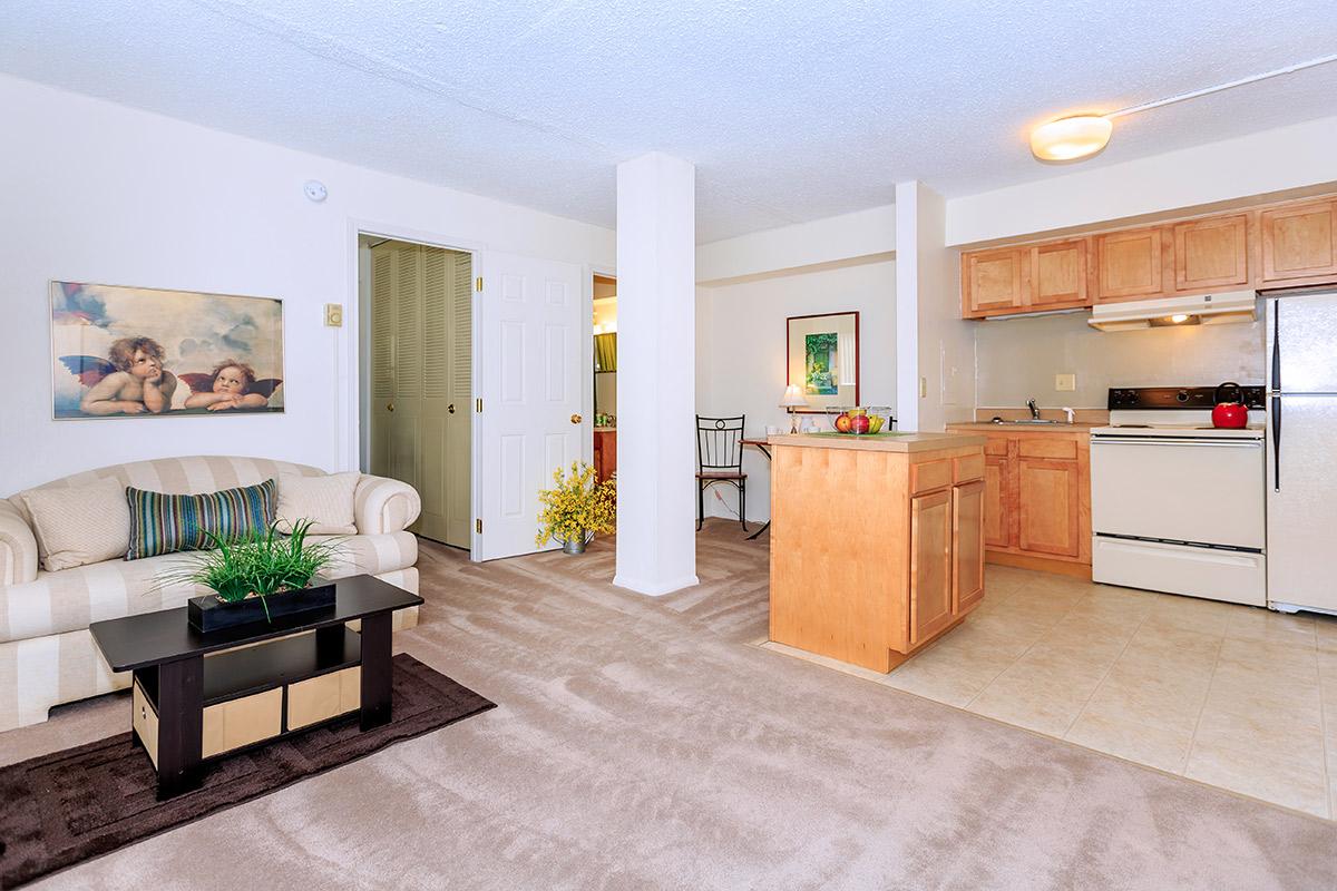 a living room filled with furniture and a refrigerator