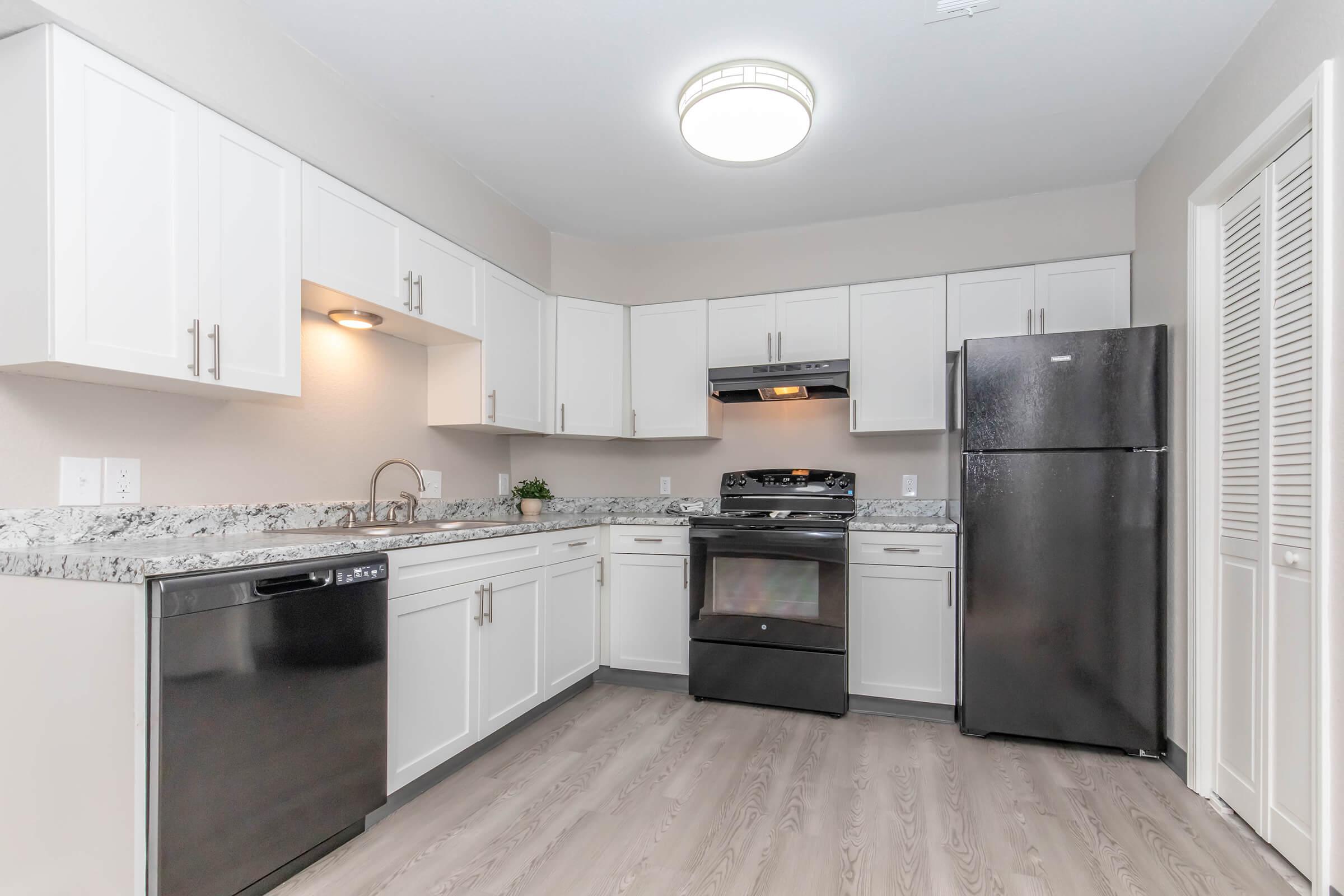 Modern kitchen featuring white cabinetry, stainless steel appliances, and a granite countertop. Includes a black refrigerator, oven, dishwasher, and a large overhead light fixture. The space has a clean, bright aesthetic with light wood flooring and natural light.