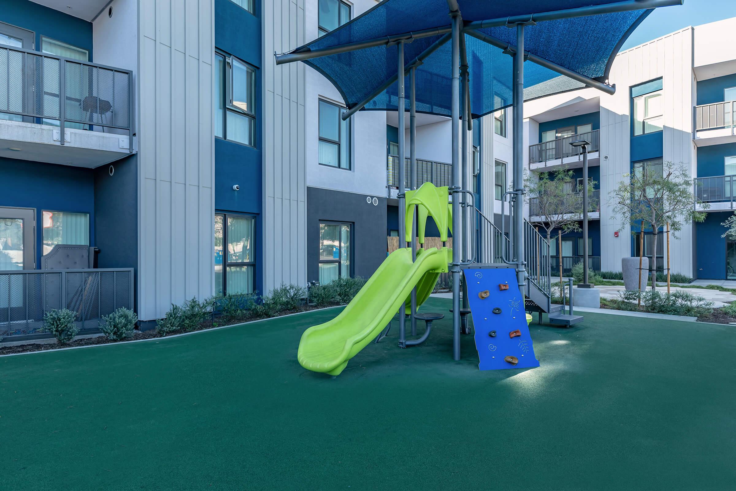 a blue and green building