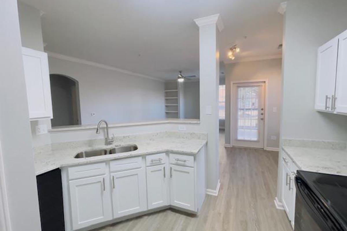 Bright, modern kitchen featuring white cabinetry, granite countertops, and stainless steel appliances. The open layout includes a view into the adjoining living space with a ceiling fan and access to a sliding door leading outside. Light wood flooring complements the contemporary design.