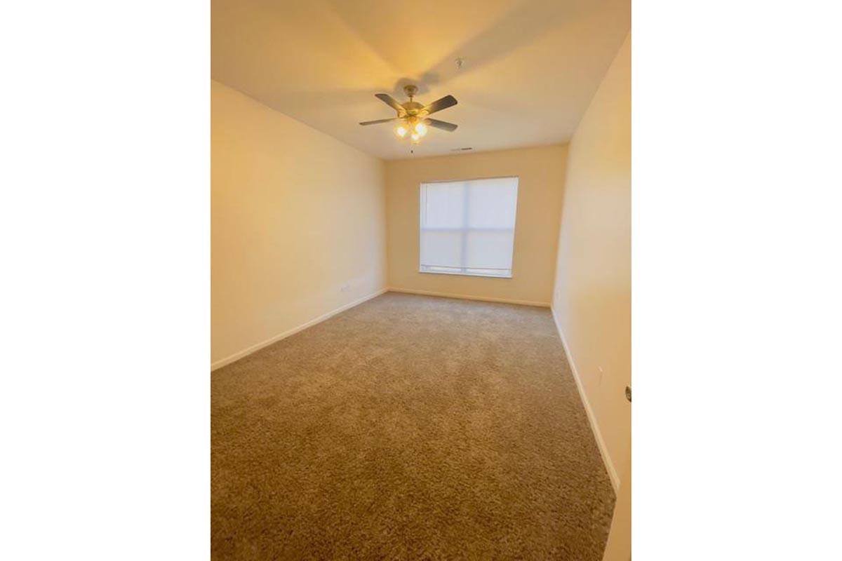 A spacious, empty room with light beige walls and carpet. The ceiling features a ceiling fan with three lights. A large window with white blinds allows natural light to enter the room, creating a bright and airy atmosphere. The room has no furniture, providing a blank canvas for decoration.