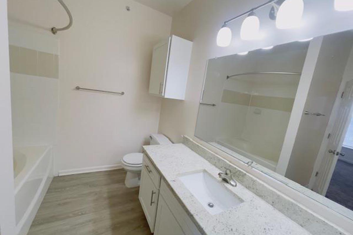 A clean and modern bathroom featuring a bathtub with a shower, a white toilet, a double vanity with a sink, and a large mirror. The walls are light-colored, and the flooring is a wood-like material. There is a towel rack and overhead lighting with three fixtures. A doorway is visible in the background.