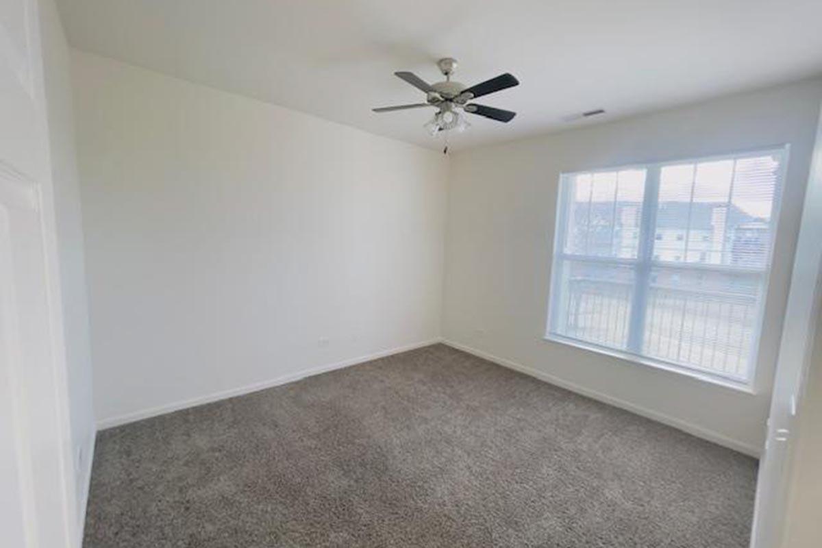A spacious, empty bedroom featuring light-colored walls, a ceiling fan, and large windows that allow natural light to fill the room. The floor is covered in plush carpet, creating a warm and inviting atmosphere.