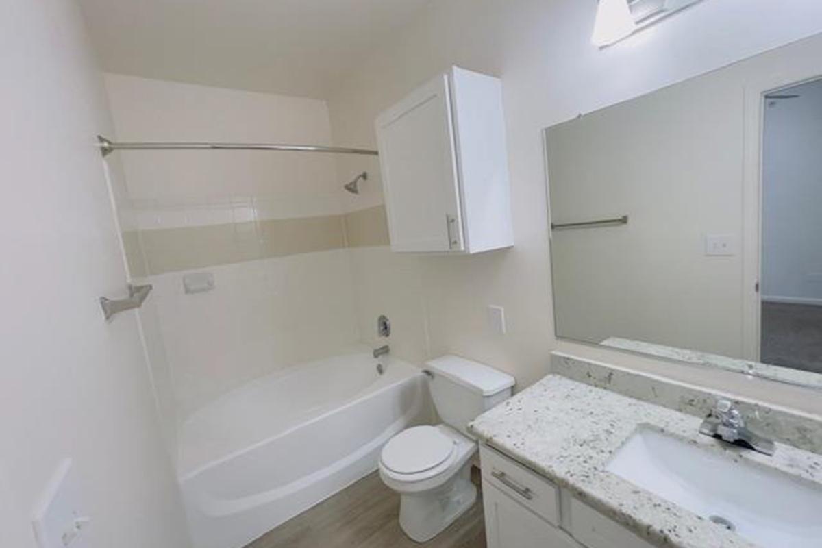 A clean, modern bathroom featuring a bathtub with a shower, a white toilet, and a vanity with a granite countertop. The walls are painted in a light color, and there is a mirror above the sink. A towel rack is installed, and the flooring is a light wood look. The overall design is bright and simple.