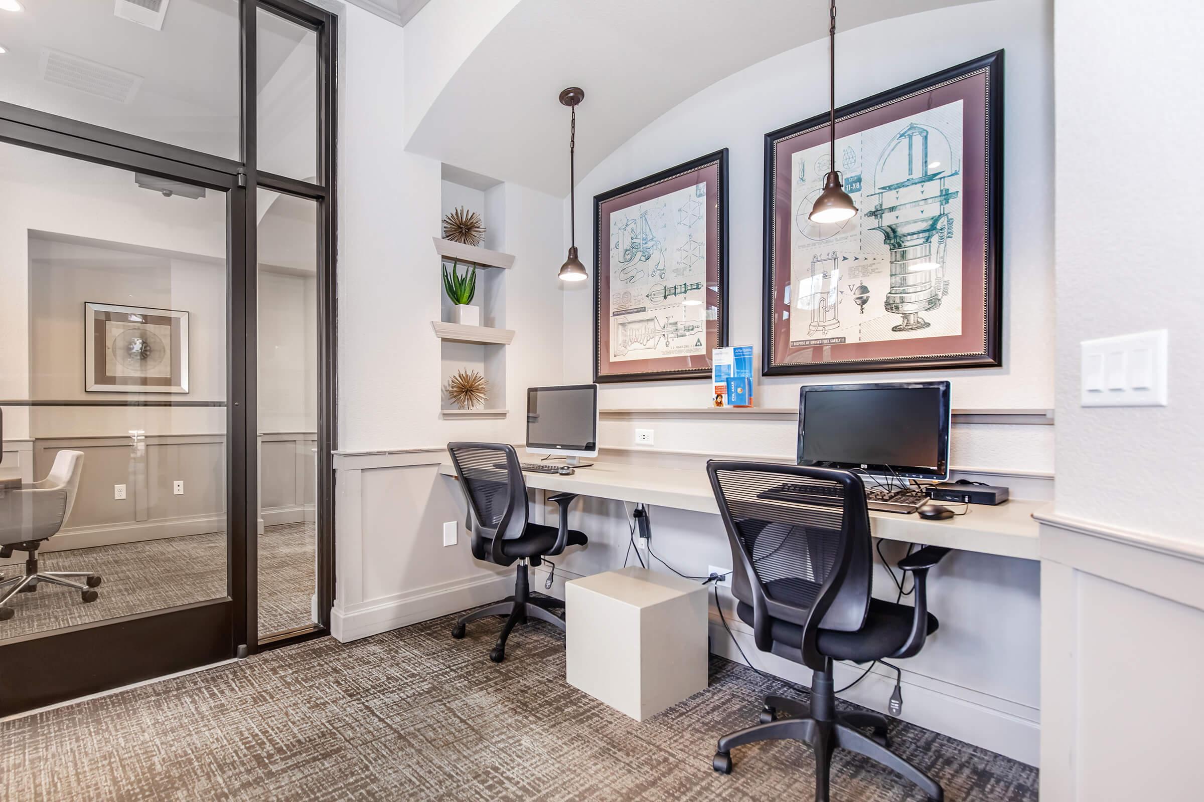 a room with a desk and chair