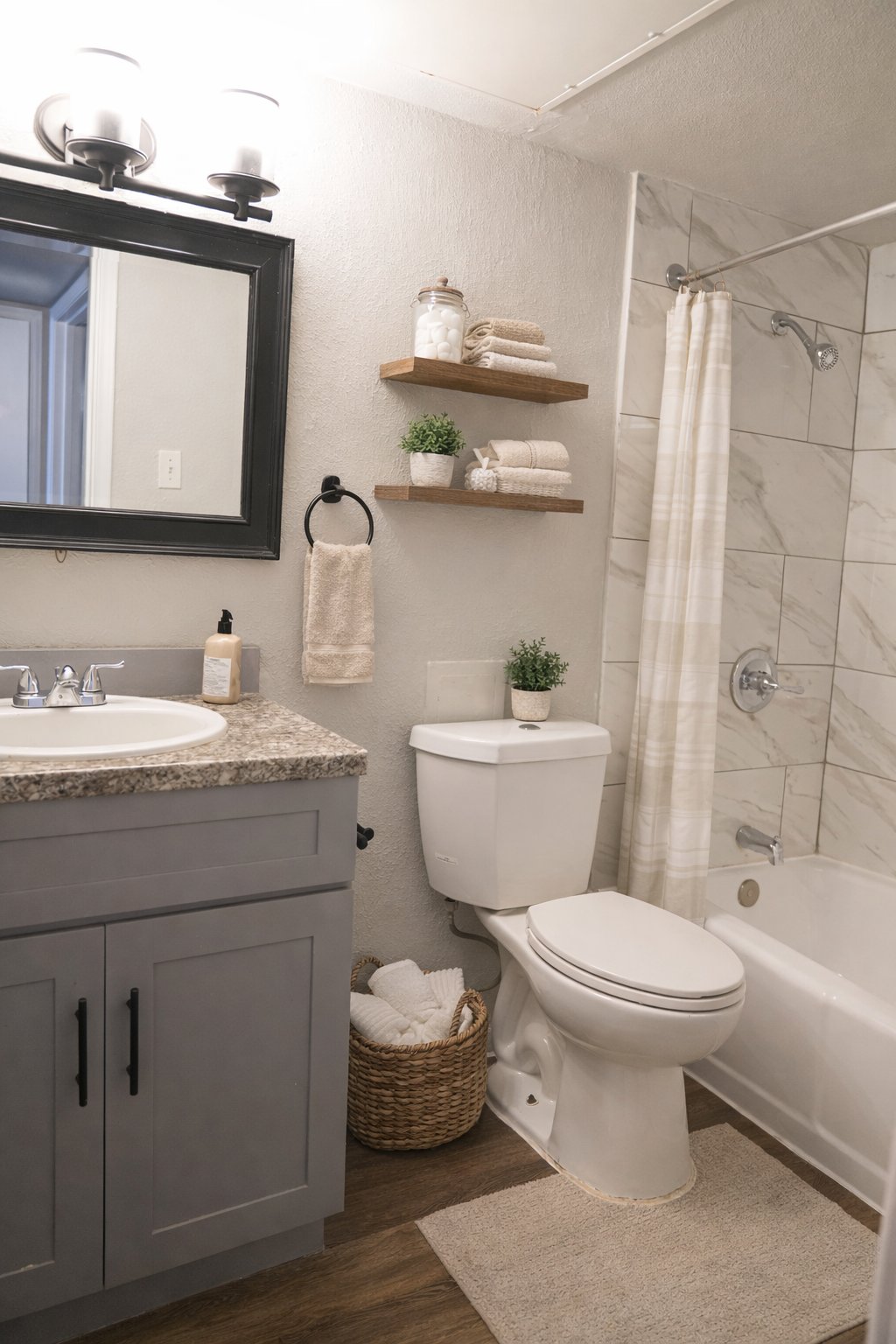 A modern bathroom featuring a light gray vanity with a granite countertop, a mirror with a black frame, a white toilet, and a bathtub with a shower. Shelves hold neatly arranged towels and a small potted plant, while a woven basket sits on the floor, adding texture to the space.