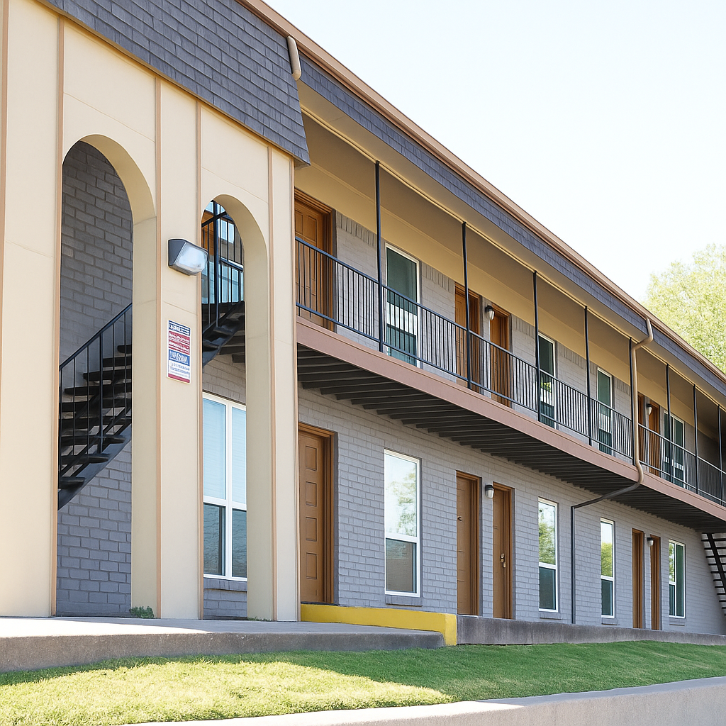 A two-story apartment building with a light-colored exterior featuring arched doorways. The building has a staircase leading to the second floor, with several doors visible. Lush green grass is in front of the building, and there are windows displaying natural light.
