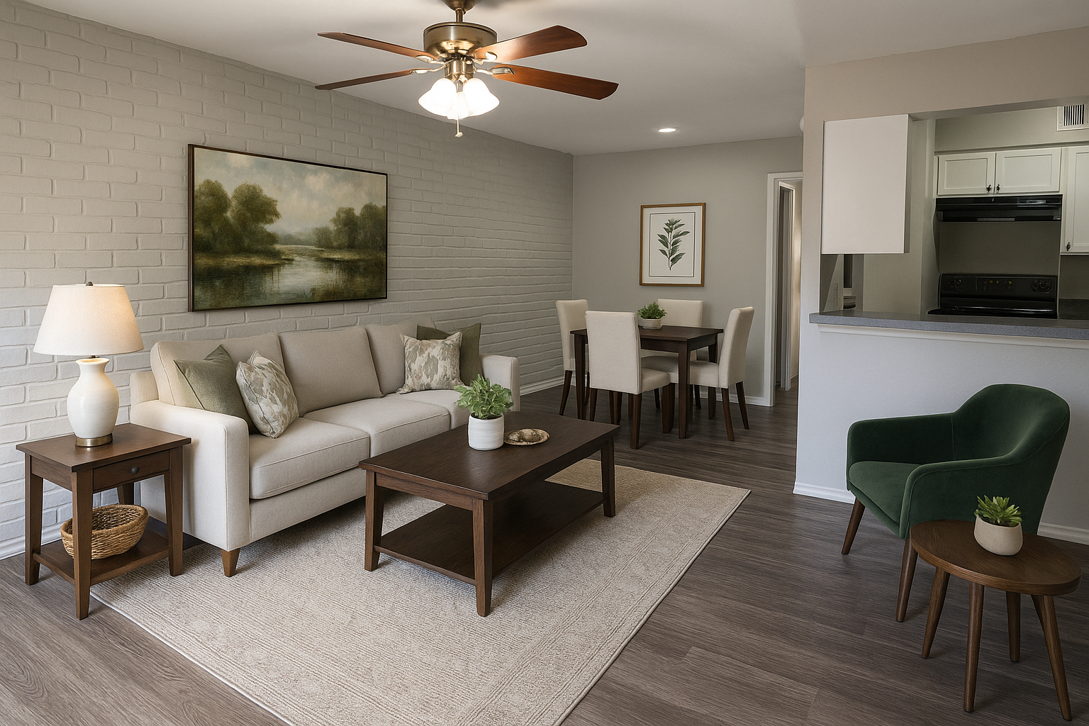 Cozy living room featuring a light-colored sofa with decorative pillows, a wooden coffee table, and a lamp. A green armchair and a small dining area with a table and chairs are visible. The room has light-colored walls, a textured accent wall, and a ceiling fan, creating a warm and inviting atmosphere.