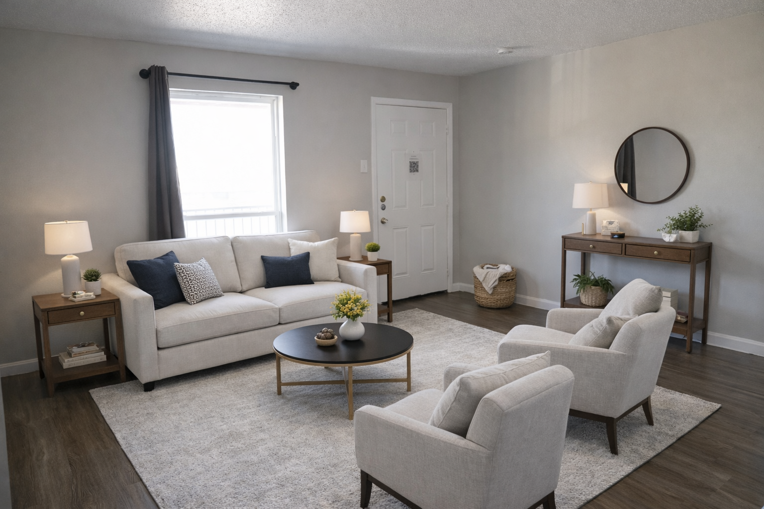 A cozy living room featuring a light-colored sofa with decorative pillows, two light armchairs, a round coffee table, and a rug. There are two bedside lamps on side tables, a window with light drapes, a mirror on the wall, and a console table with plants and decor items. The walls are painted a soft gray.