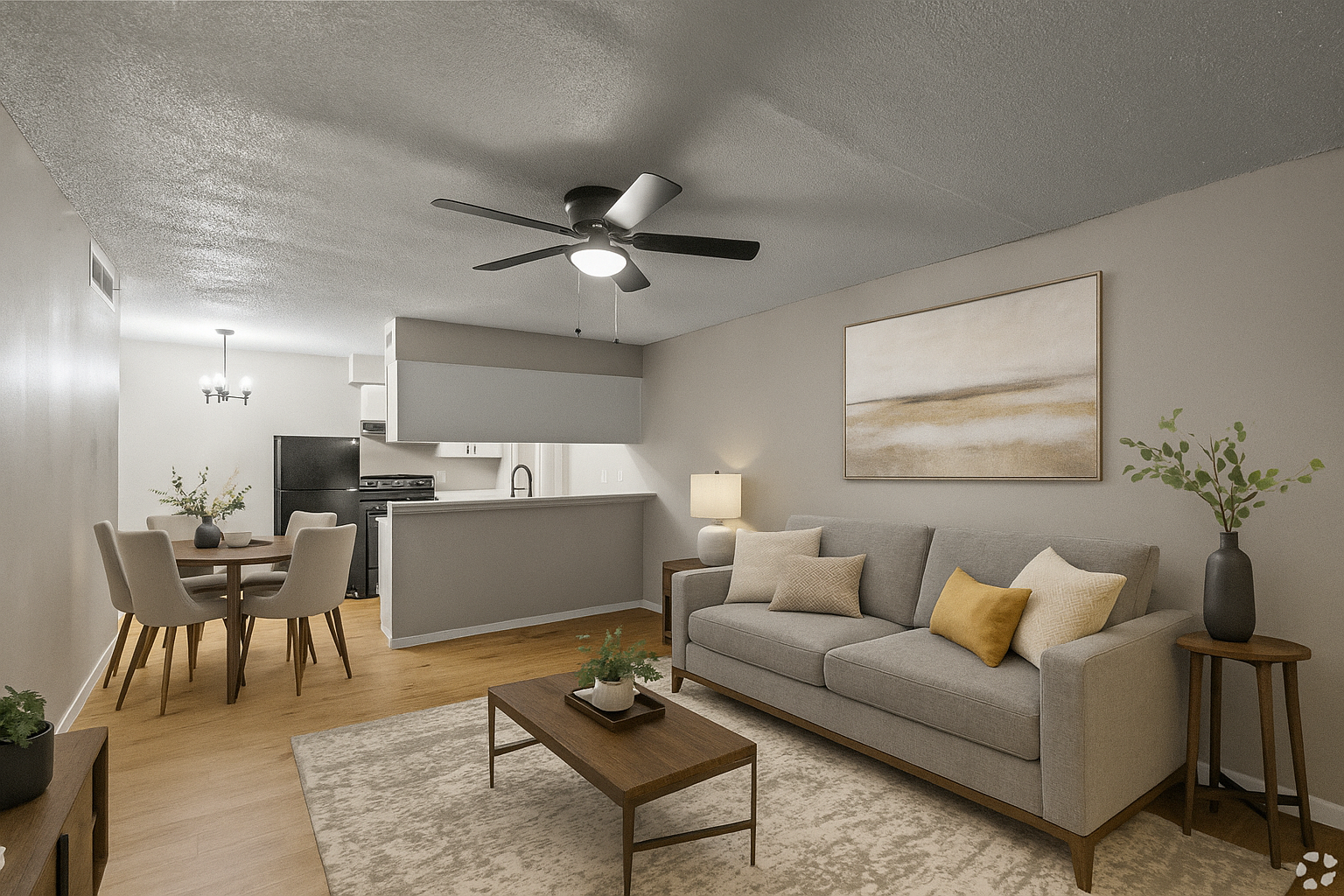 Modern comfort meets open-concept living — warm tones, natural light, and timeless style all in one inviting space.