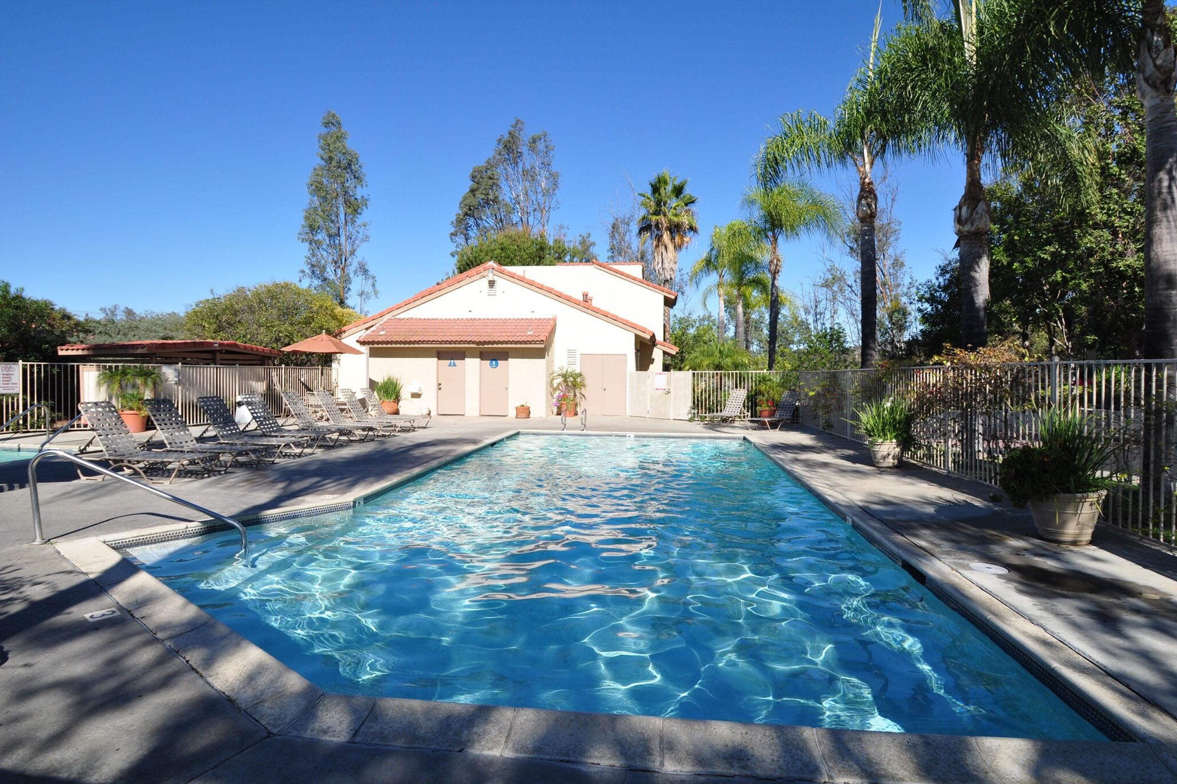 A sunny outdoor pool area featuring a clear blue swimming pool surrounded by lounge chairs. In the background, there is a building with a red-tiled roof and palm trees, set against a clear blue sky. Lush greenery adds to the inviting atmosphere.
