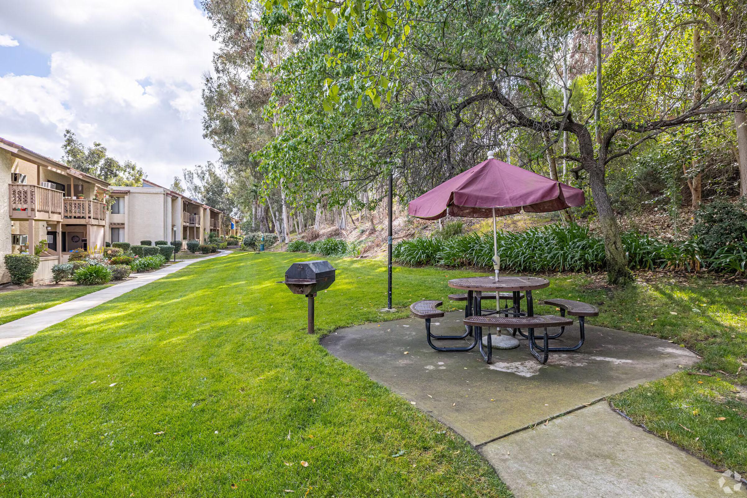 A grassy area with a picnic table and a maroon umbrella, alongside a charcoal grill. Surrounding the space are trees and landscaped bushes, with two buildings visible in the background under a partly cloudy sky. The setting offers a recreational outdoor space in a residential complex.