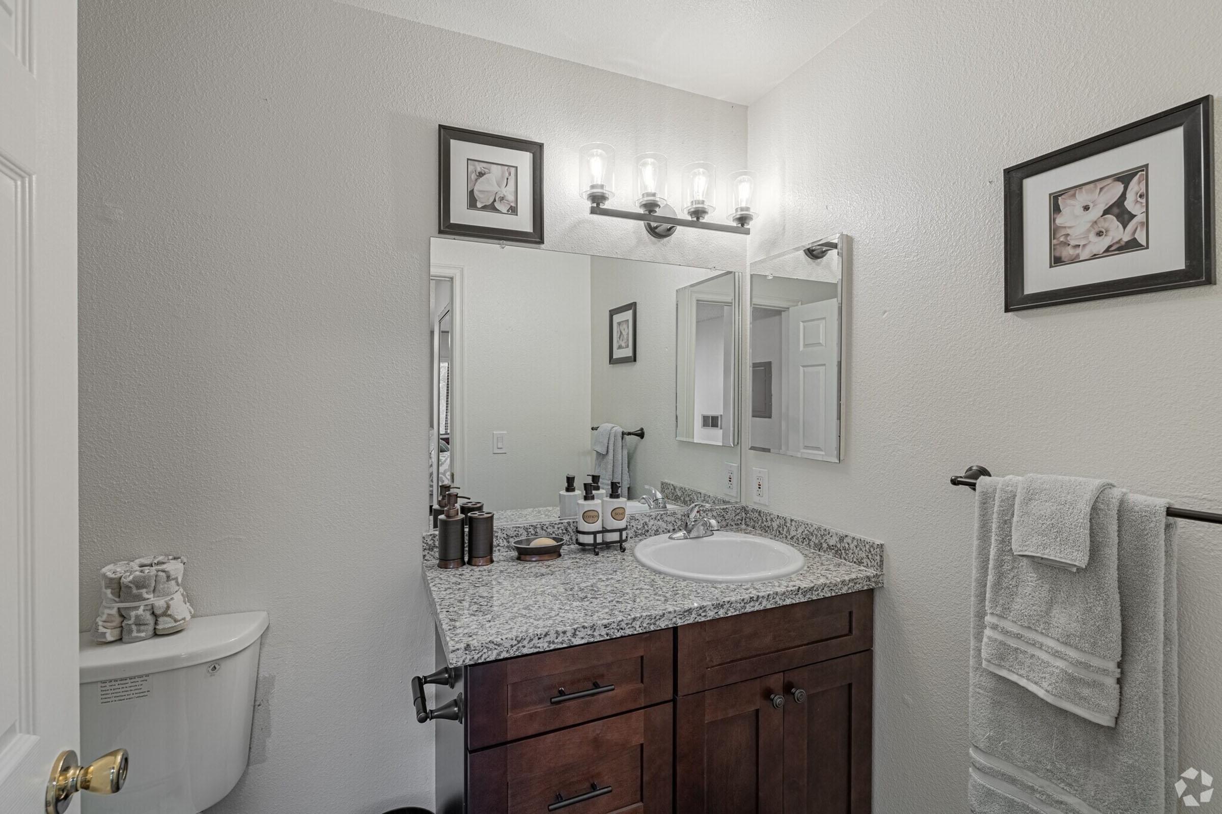 A well-lit bathroom featuring a mirror above the sink, granite countertop, and dark wood cabinetry. Decorative items are placed on the countertop, and a toilet is visible to one side. The walls are painted in a neutral tone, and there are framed artworks hanging, adding a touch of decor. A towel rack is mounted beside the sink.