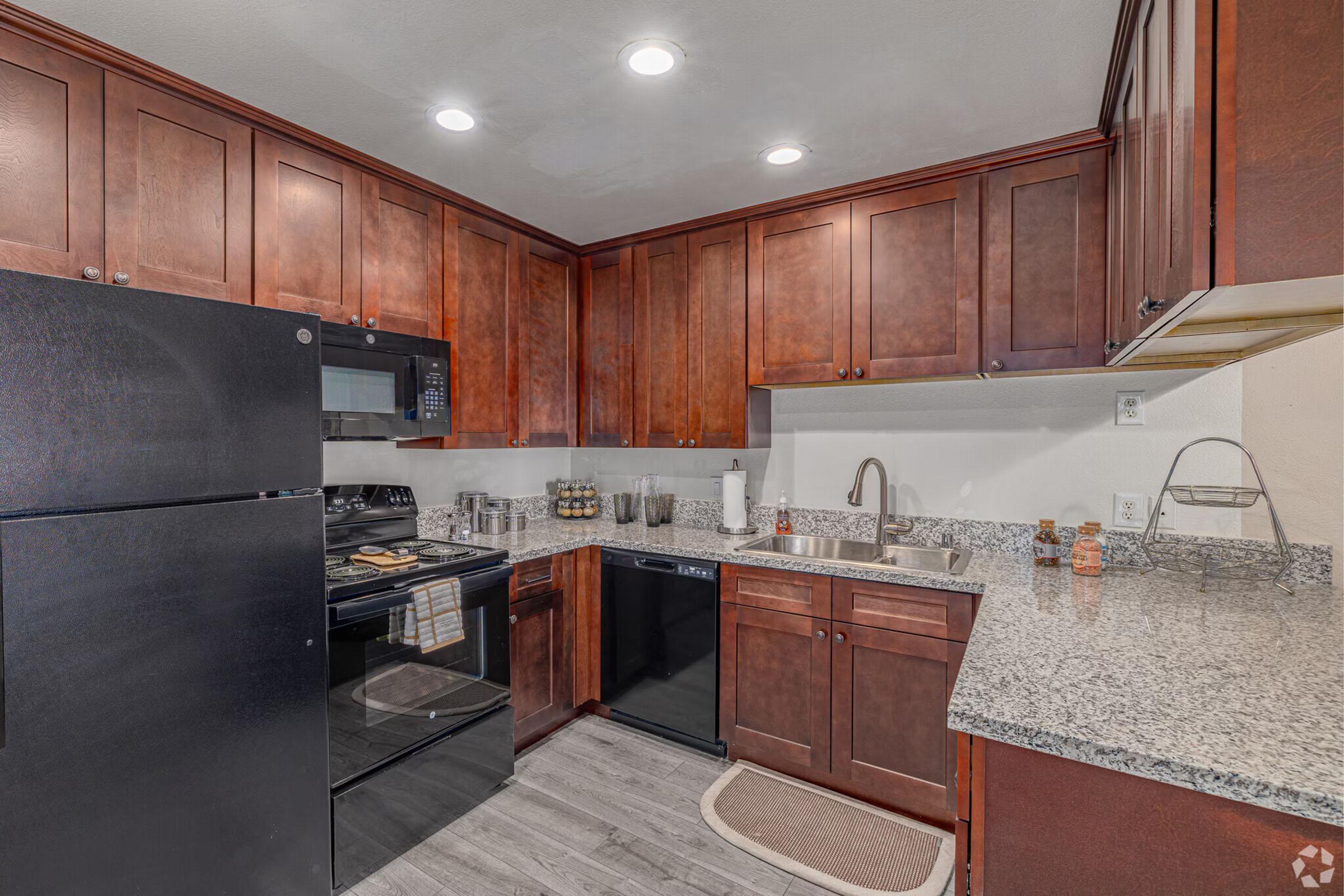 Modern kitchen featuring dark wood cabinets, granite countertops, and stainless steel appliances. Includes a black refrigerator, stove, and microwave, along with a dishwasher. The design has a clean and organized look, with illuminated overhead lighting and a neutral color scheme.
