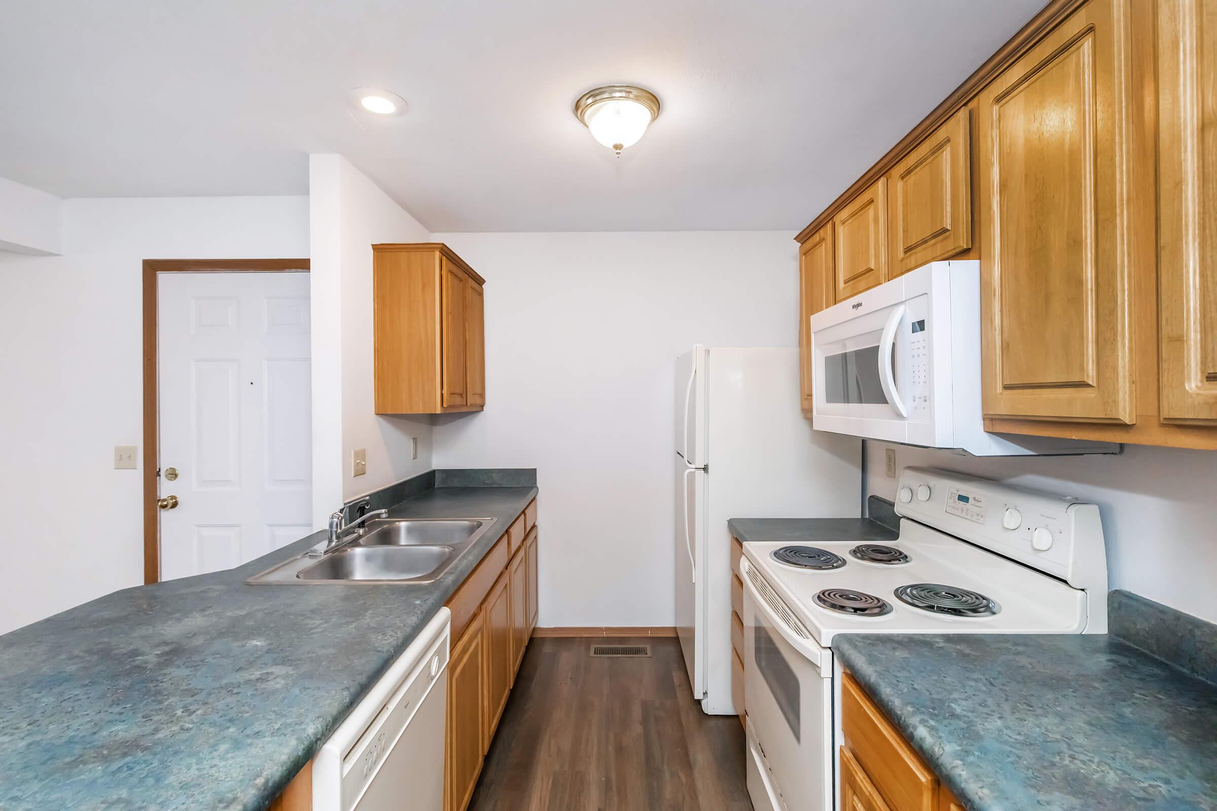 A modern kitchen featuring wooden cabinetry, a green countertop, and integrated appliances including a refrigerator, microwave, and oven. The space is well-lit with natural light coming from a nearby door, and includes a double sink and a dishwasher.