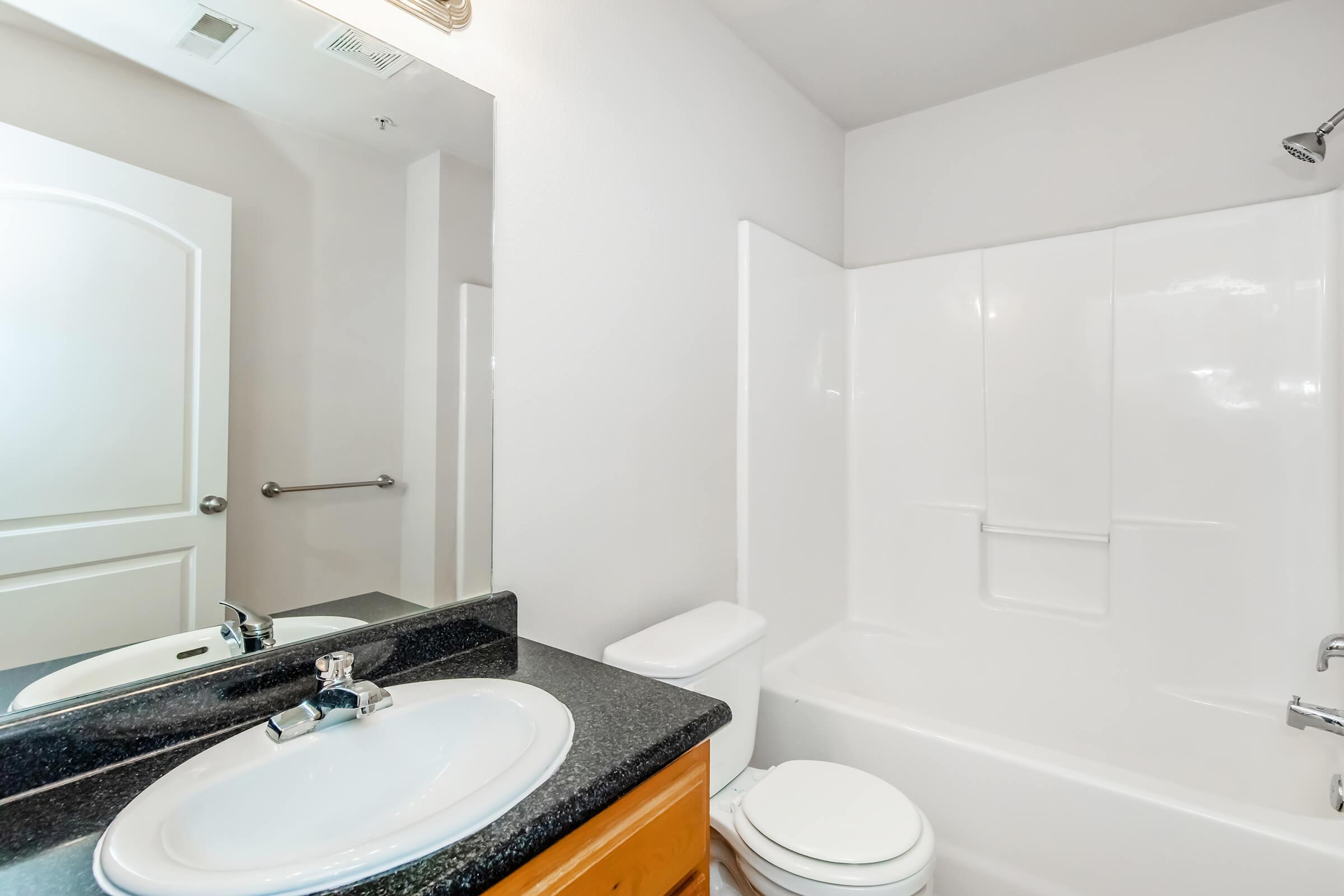 A clean, modern bathroom featuring a white bathtub and shower enclosure, a round sink with a dark countertop, and a large mirror above the sink. The walls are painted a light color, and there is a towel bar installed. The entrance door is visible in the background.