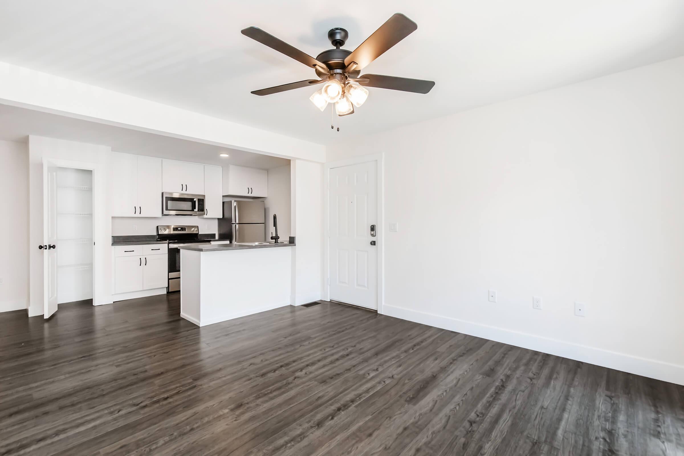 Interior of a modern, open-concept living space featuring a kitchen area with stainless steel appliances and a countertop, a ceiling fan with light, and light wood flooring. The walls are painted white, creating a bright and airy atmosphere. A door leads to the outside.