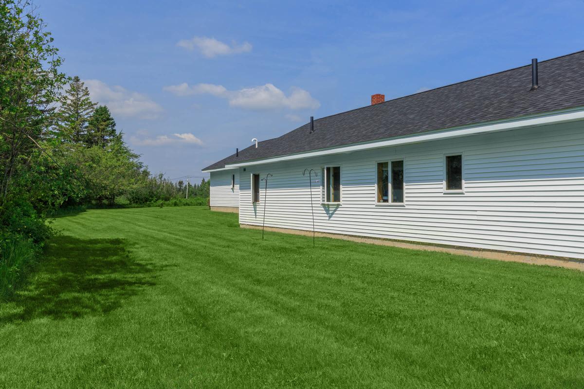 a house in the middle of a lush green field