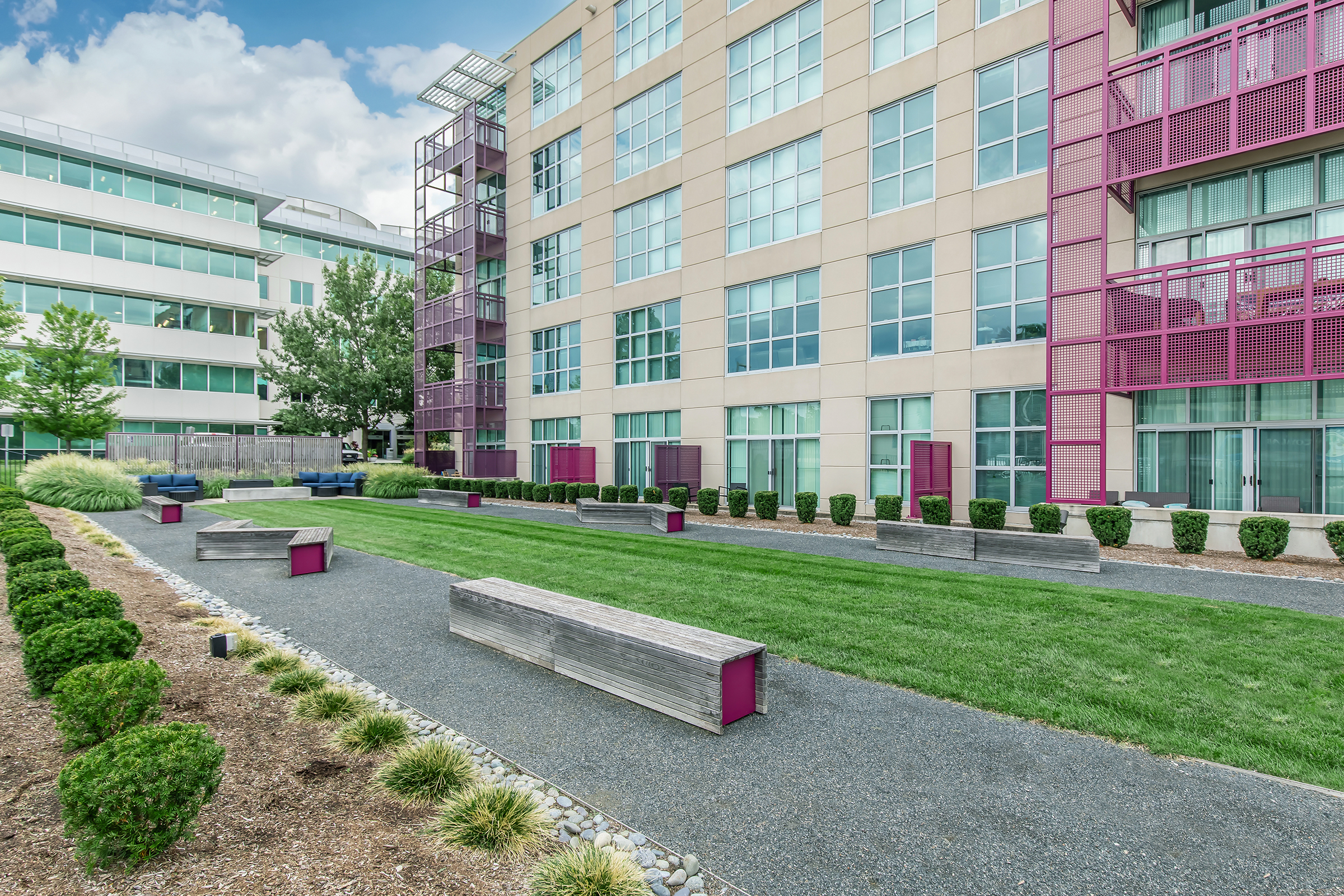 A modern outdoor space featuring a landscaped area with green grass and neatly trimmed hedges. Several wooden benches line a gravel path, with contemporary buildings in the background, showcasing large windows and a pink accent facade. The scene is bright and inviting, ideal for relaxation or social gatherings.