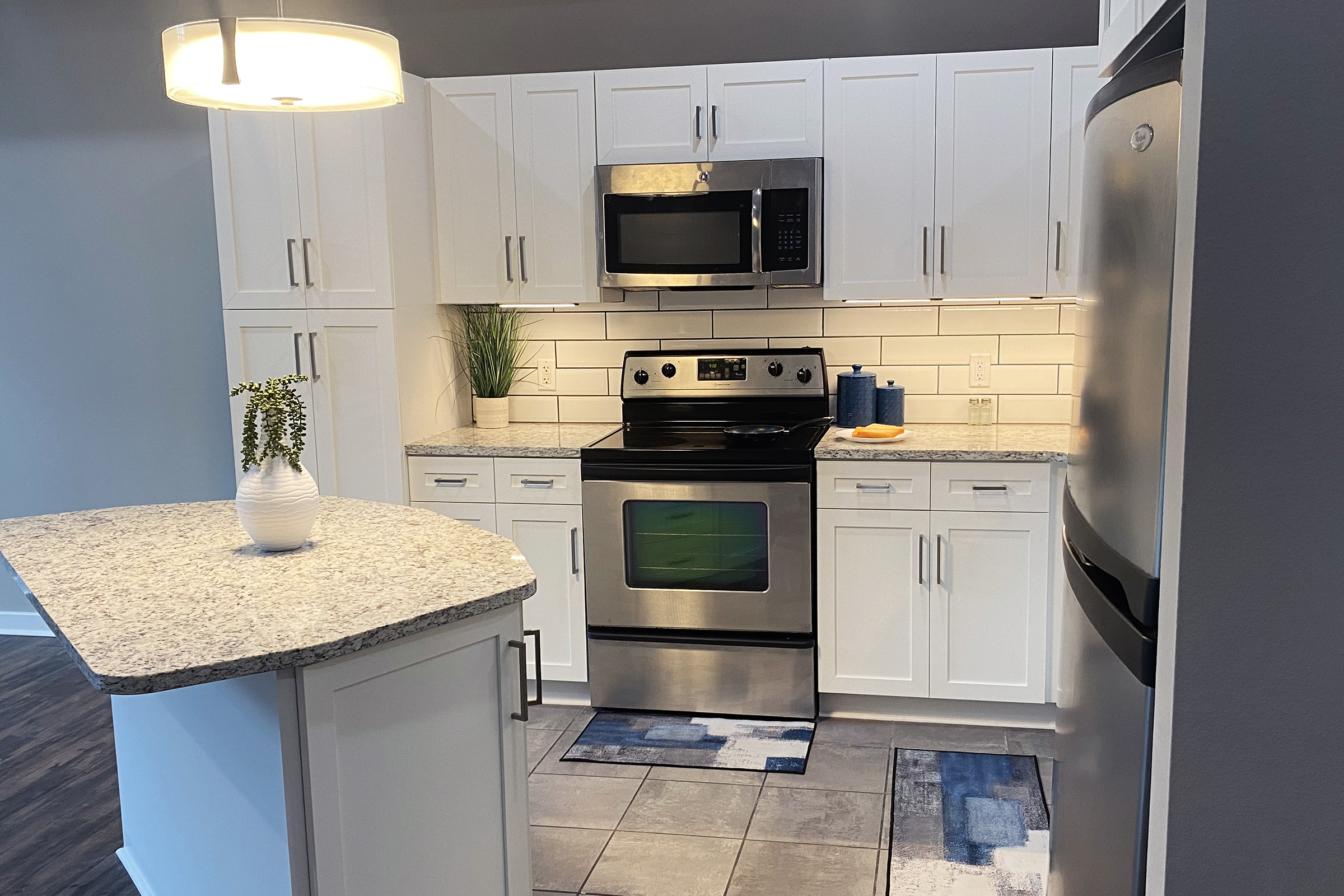 A modern kitchen featuring white cabinetry, stainless steel appliances, and a gray granite countertop. The kitchen includes a built-in microwave, oven, and a sleek refrigerator, with decorative plants and blue accents on a rug. Ample cabinet space and a stylish light fixture complete the contemporary design.