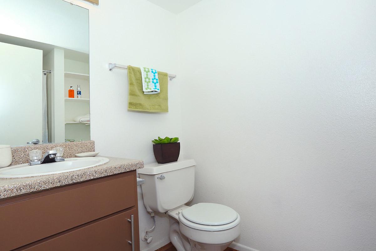 a room with a sink and a mirror