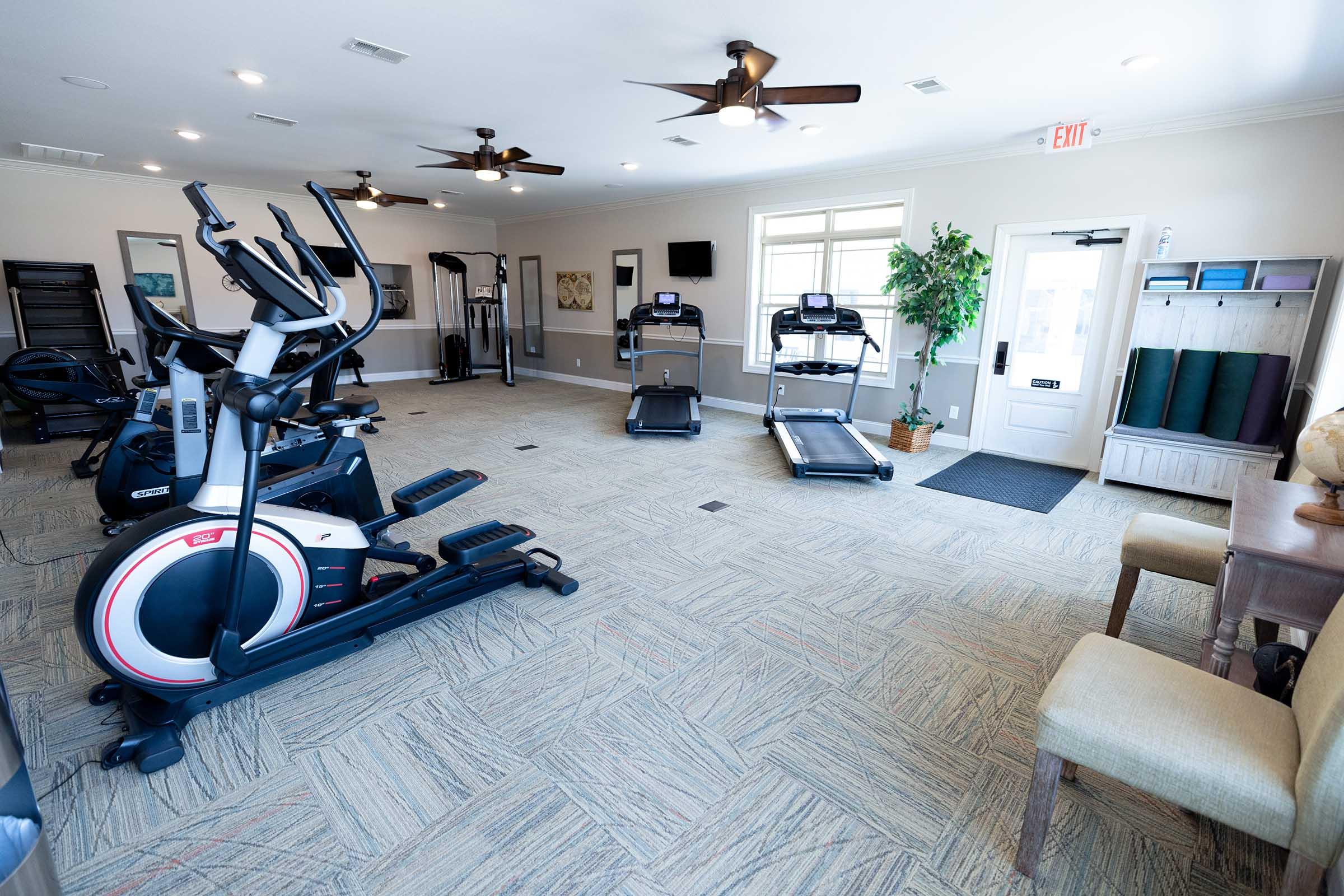 A spacious fitness room featuring various exercise equipment including elliptical machines and treadmills. The room is well-lit with ceiling fans, has a plant in the corner, and includes a door leading outside. There are exercise mats and a small table with decorative items.