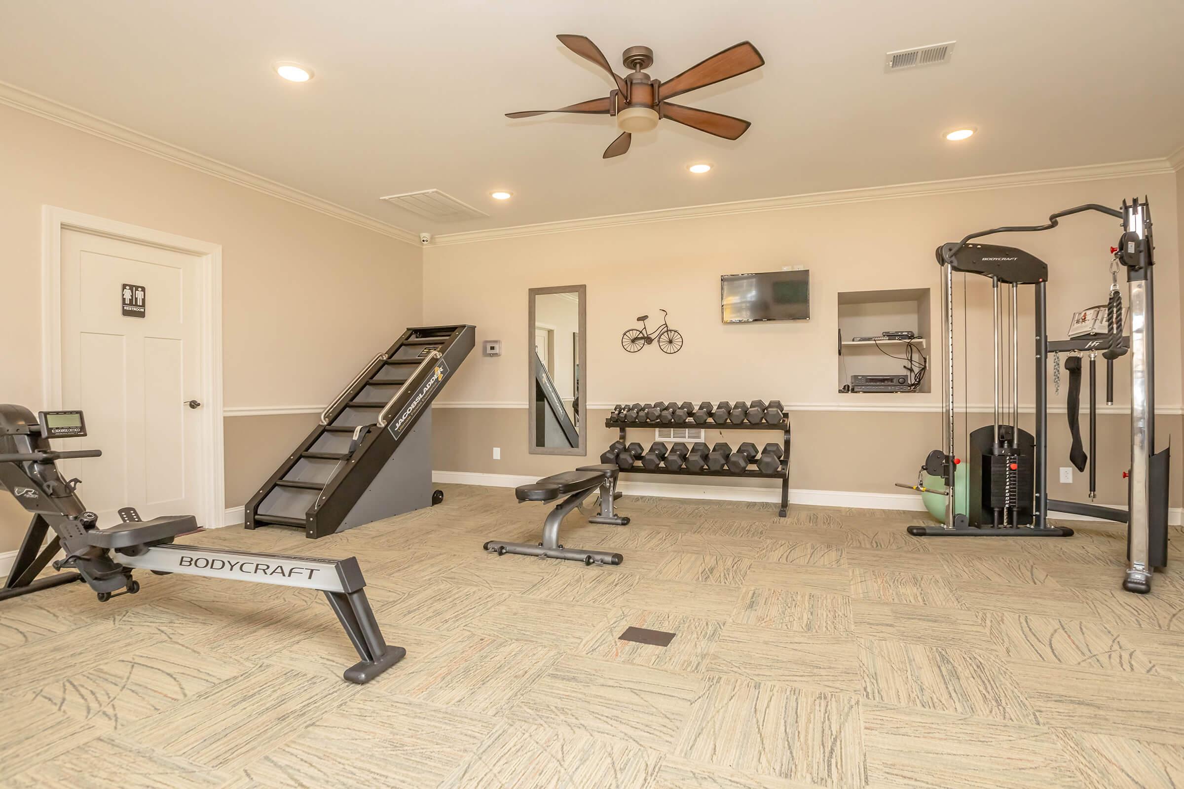 A well-equipped home gym with exercise machines, free weights on a rack, a stair climber, and a large mirror. The space features soft lighting and a ceiling fan, creating a comfortable workout environment. A television is mounted on the wall, and the flooring is light-colored and textured.