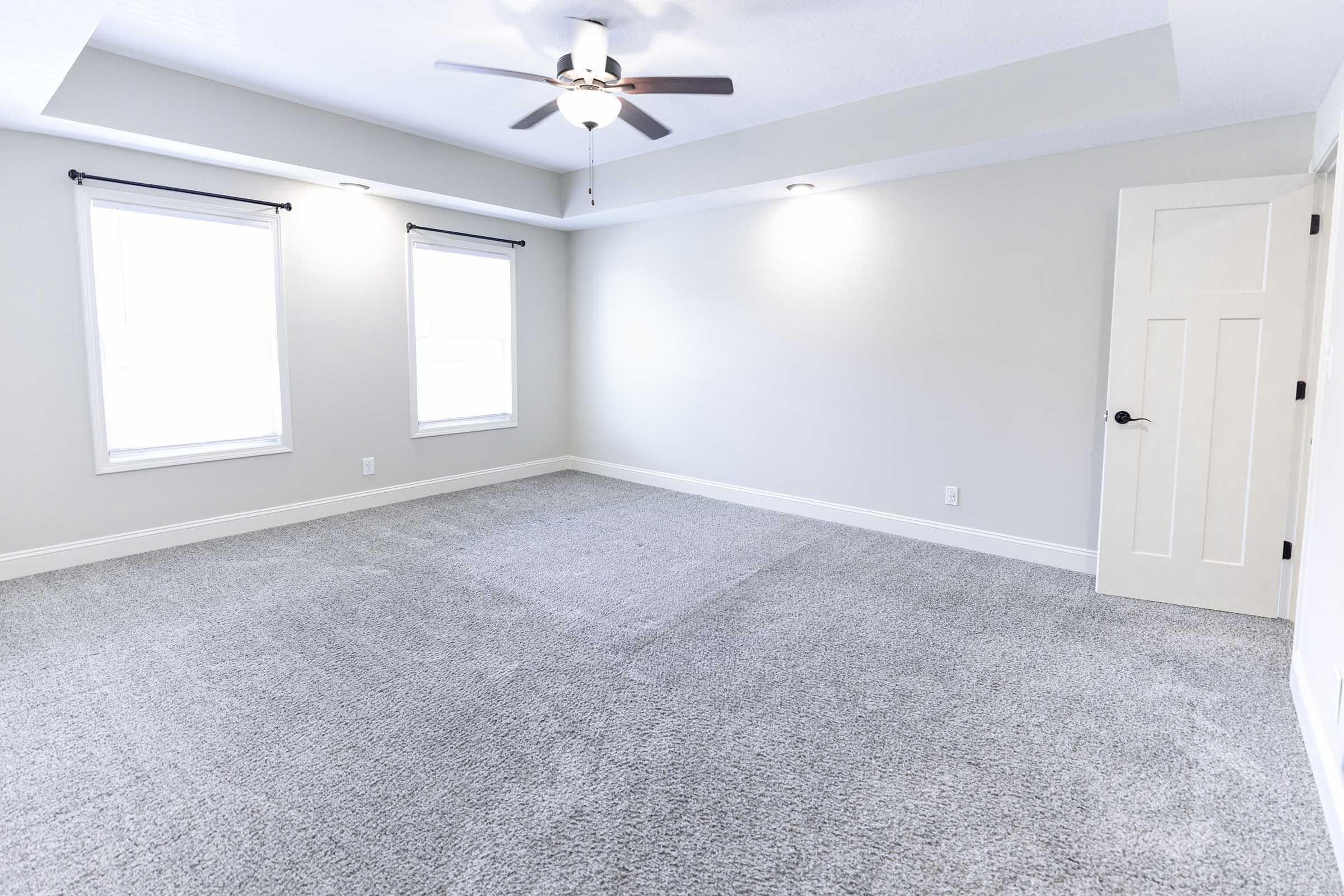 Spacious, empty room featuring gray carpet, a ceiling fan, and two windows with light filtering in. The walls are painted a light color, and there is a door on the right side. The room is well-lit and has a clean, modern appearance, ideal for various uses.