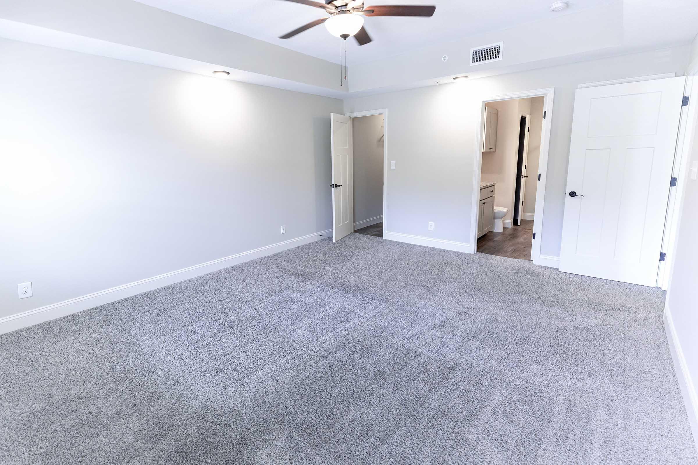 A spacious, empty room with light gray walls and plush gray carpet. A ceiling fan is mounted above, and there are two doors leading to other areas. Natural light streams in through an open doorway, enhancing the bright and airy atmosphere. The room is clean and freshly painted, ready for furnishing.