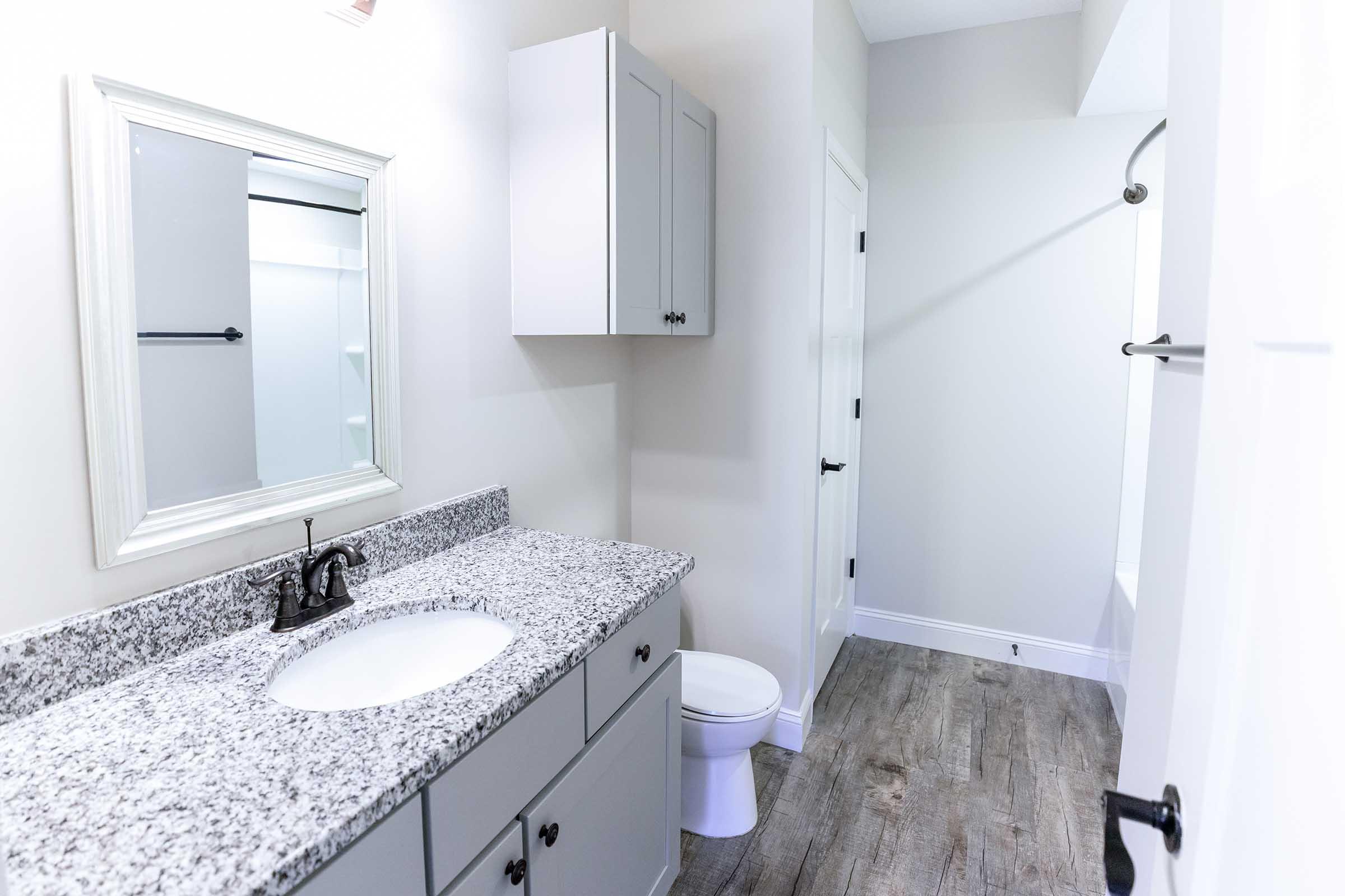 A modern bathroom featuring a light granite countertop with a white sink, a wall mirror, and gray cabinetry. There is a white toilet and a shower area with a glass door. The walls are painted in a light color, and the flooring is wood-like laminate, creating a clean and contemporary look.