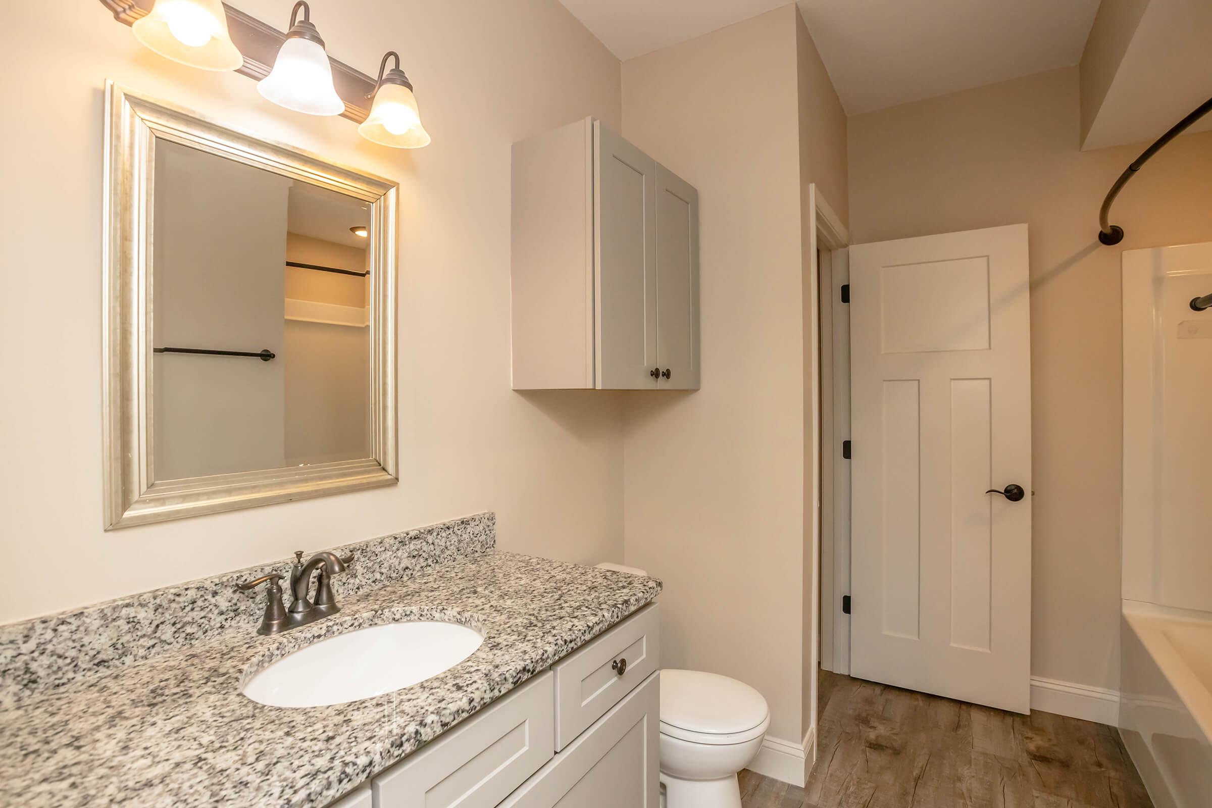 A modern bathroom featuring a granite countertop with a white sink, a framed mirror above it, a wall-mounted cabinet, and a toilet. The walls are painted in a light color, and there's a door leading to another area. Soft lighting is provided by three fixtures above the mirror, enhancing the overall clean and elegant look.