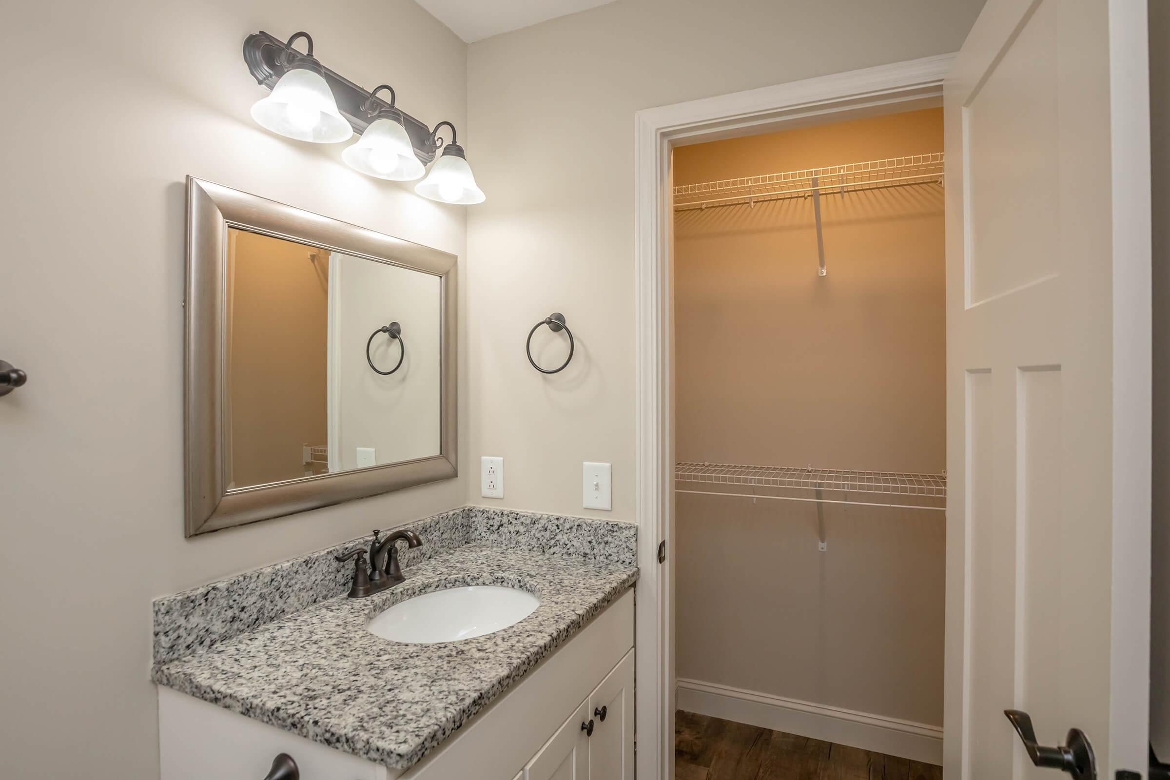 A well-lit bathroom featuring a granite countertop with a sink and a large mirror above. The walls are painted in a soft neutral color. To the right, there is an open closet space with shelves, providing additional storage. The overall design is modern and streamlined.
