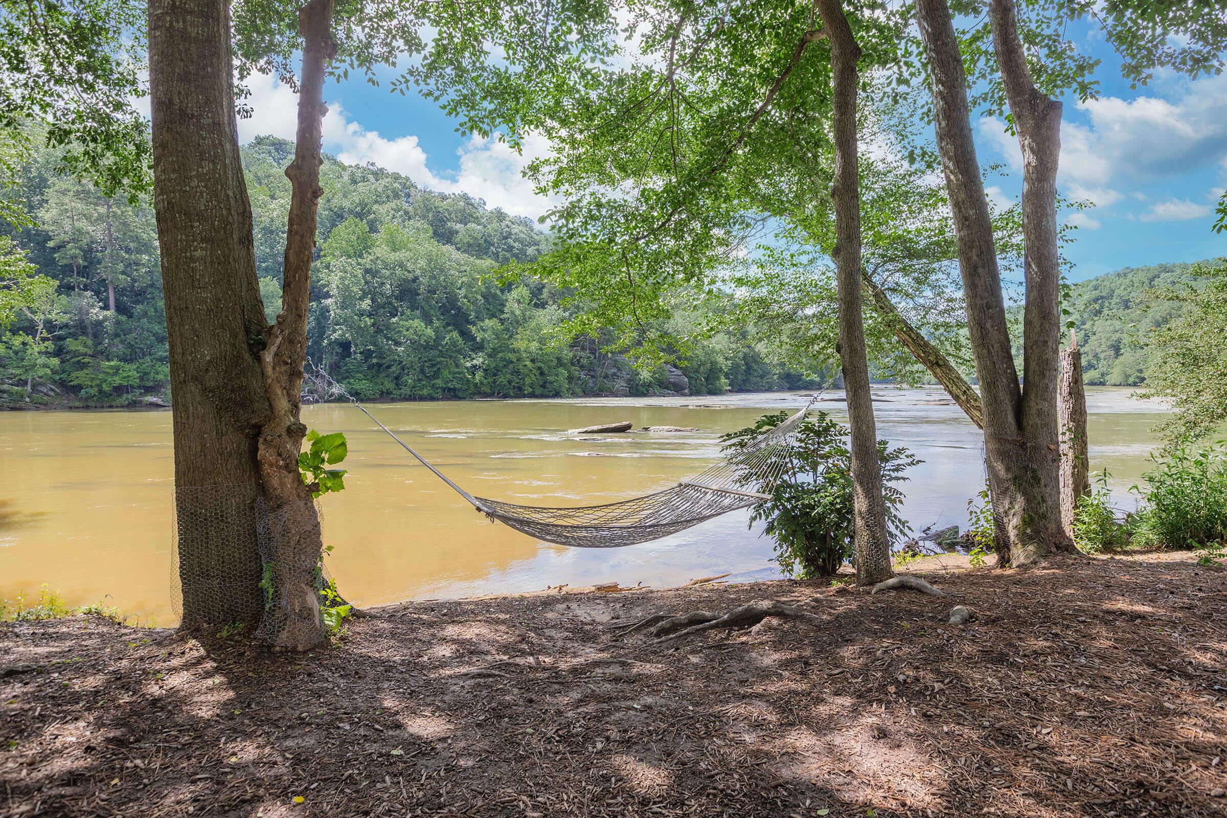 A serene riverside scene featuring a hammock suspended between two trees, surrounded by lush greenery. The calm water reflects the blue sky and fluffy clouds, while the earthy ground is covered with mulch, creating a peaceful and inviting atmosphere for relaxation.