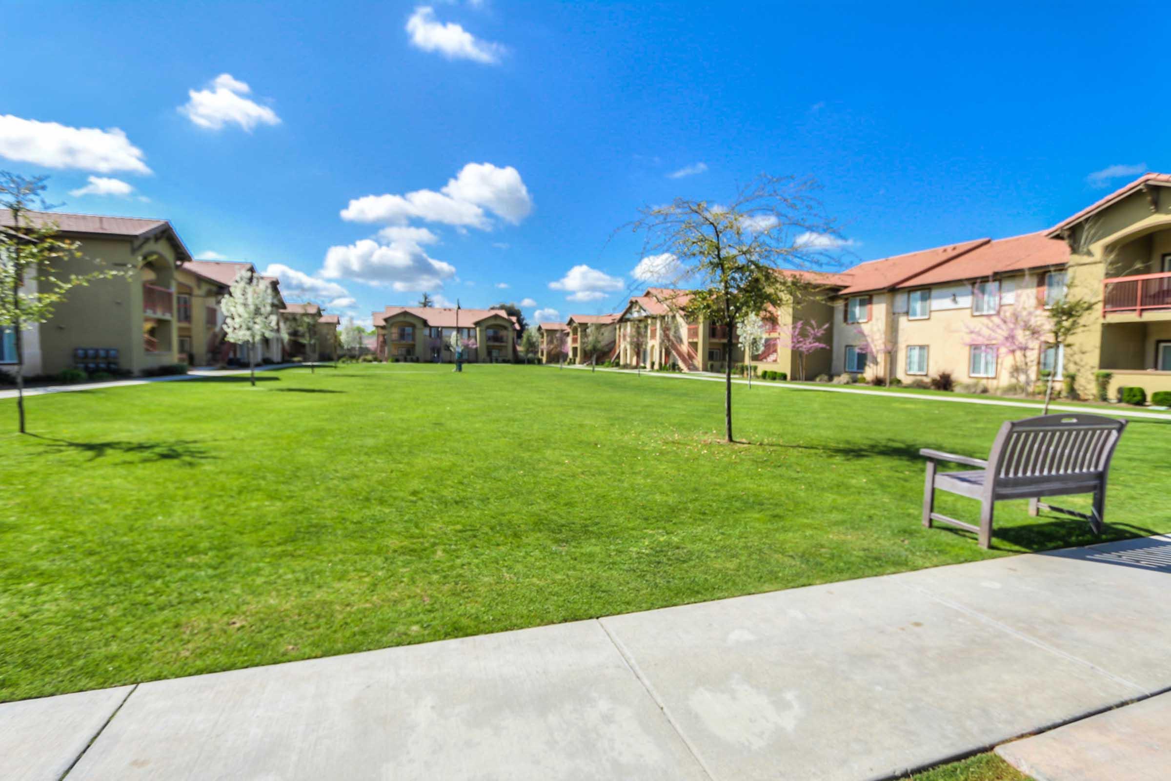 A spacious green lawn surrounded by multi-story apartment buildings under a bright blue sky with fluffy white clouds. A wooden bench is visible on a concrete path, providing a place to sit and enjoy the landscaped area. Young trees and small shrubs enhance the outdoor scenery.