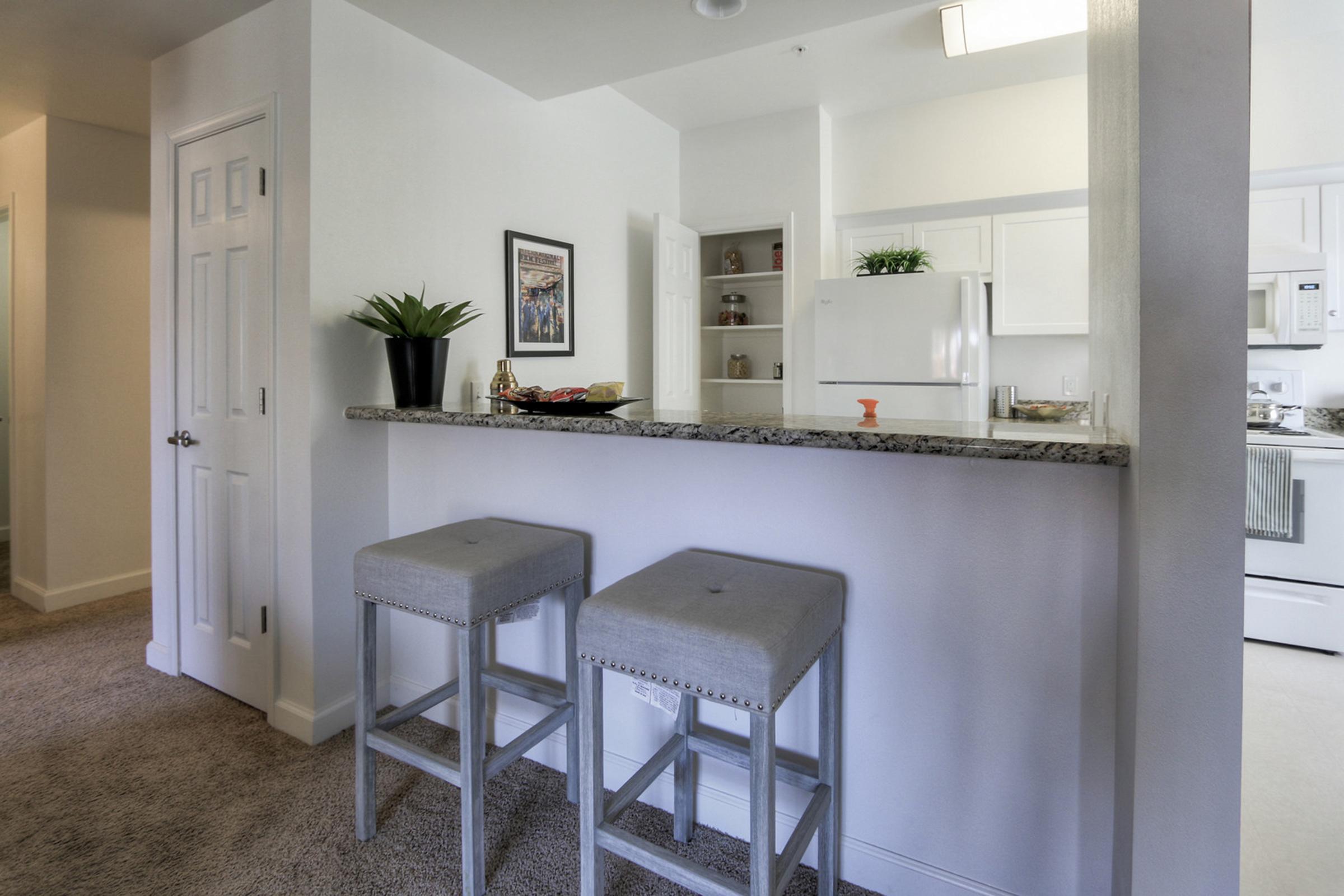 Modern kitchen with a bar area featuring two gray upholstered stools. A granite countertop separates the kitchen from the living area. There is a small plant on the counter and a framed picture on the wall. The kitchen appliances, including a refrigerator and stove, are visible in the background. The flooring is carpeted.
