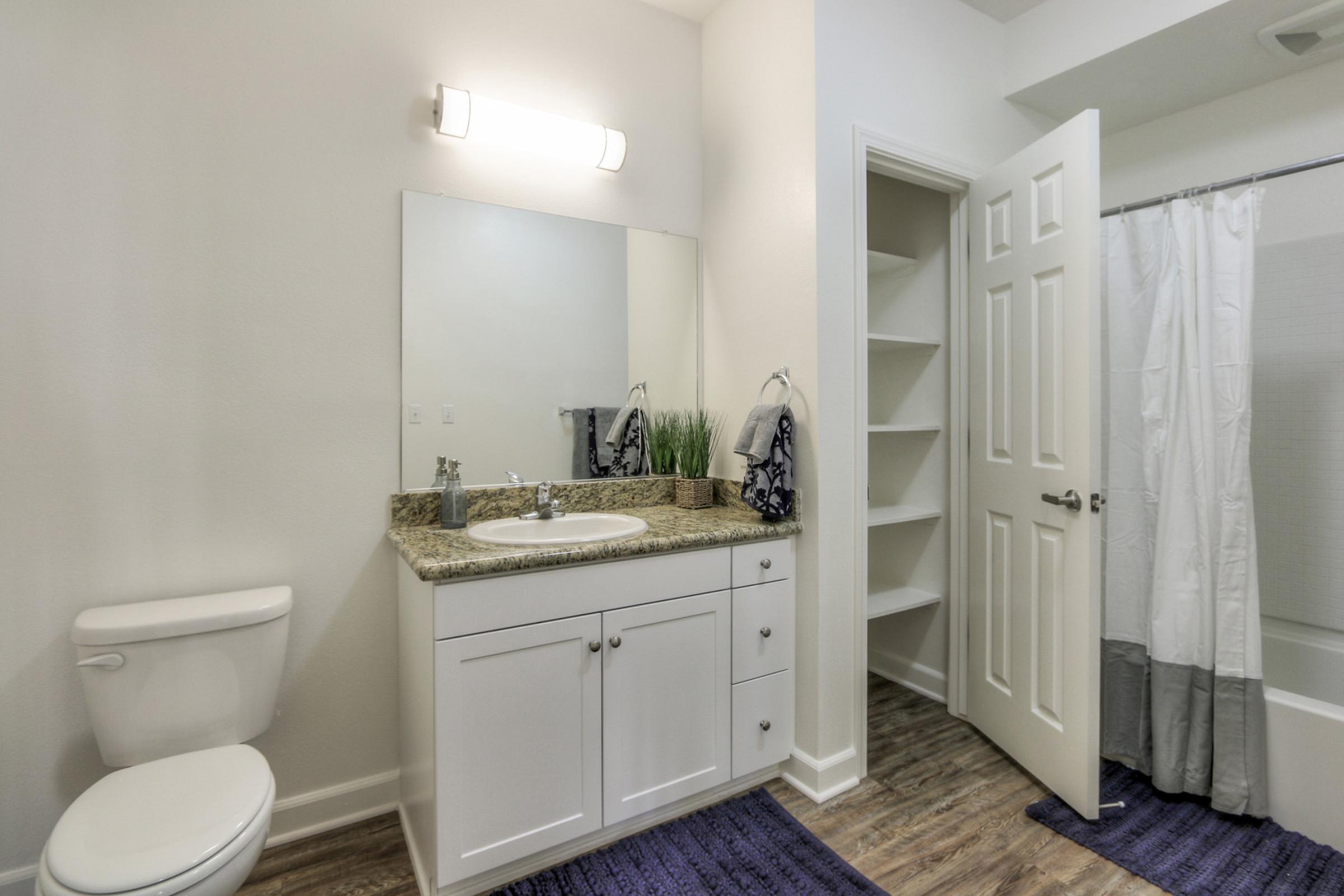A modern bathroom featuring a white toilet, a large mirror above a granite vanity with a sink, and white cabinetry. There is a shower with a curtain on the right and open shelving against the wall. The floor is covered with a purple rug, adding a touch of color to the neutral decor.