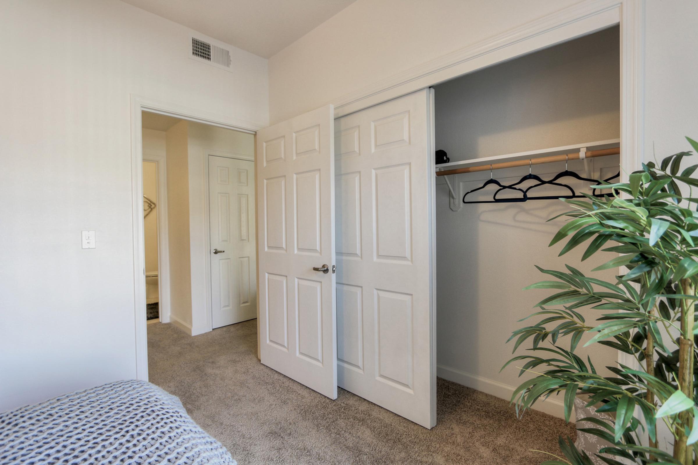 A view of a softly lit room featuring a closet with two open doors showcasing a shelf and hangers. The room has light-colored walls, plush carpeting, and a small potted plant in the corner, adding a touch of greenery. A doorway leads to another room, enhancing the sense of space.
