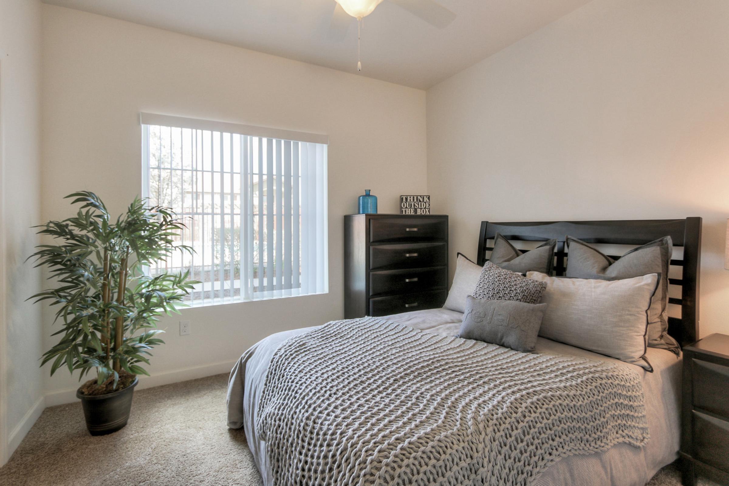 A cozy bedroom featuring a large bed with multiple pillows and a textured blanket. A nightstand with decorative items sits next to the bed. A tall dresser is positioned nearby, and a potted plant adds greenery to the space. The room has a window with blinds, allowing natural light to filter in.