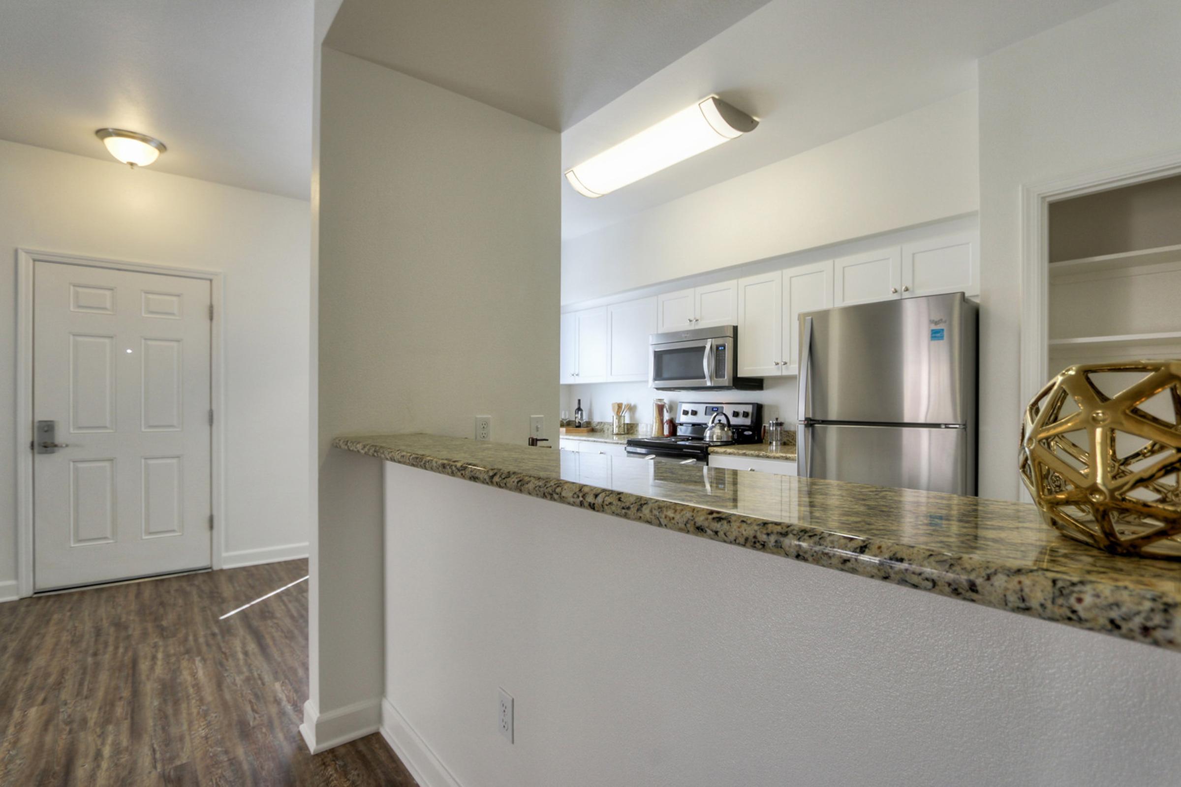 Modern kitchen area featuring granite countertops, stainless steel appliances, and white cabinetry. The image shows an open layout with a view toward a front door and a decorative gold piece on the counter, highlighting a bright and inviting space. Natural light streams in, enhancing the ambiance.