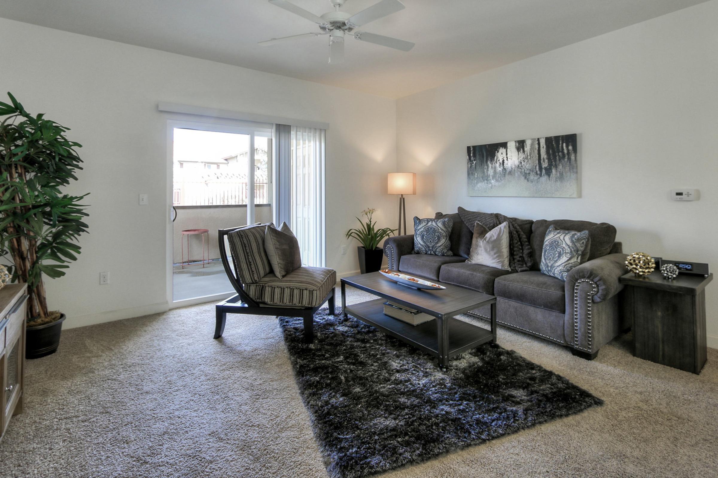 A cozy living room featuring a gray sofa with decorative pillows, an armchair, a coffee table, and a plush area rug. Natural light streams in through sliding glass doors, and there are indoor plants and a stylish lamp adding warmth to the space. The room has a neutral color palette, creating a welcoming atmosphere.