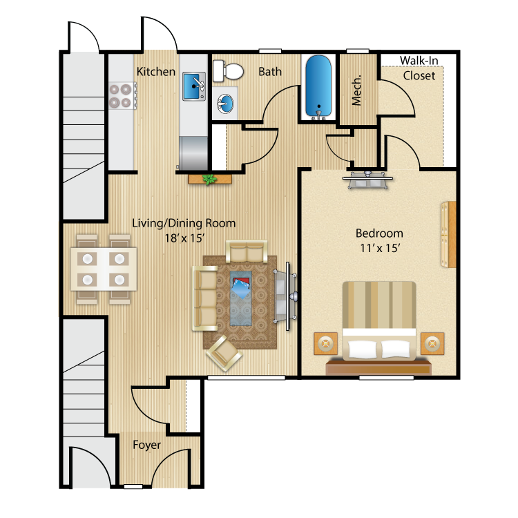 1 Bed 1 Bath floor plan image