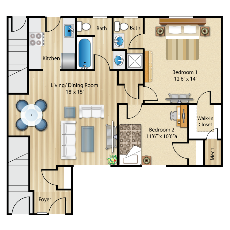 2 Bed 2 Bath floor plan image