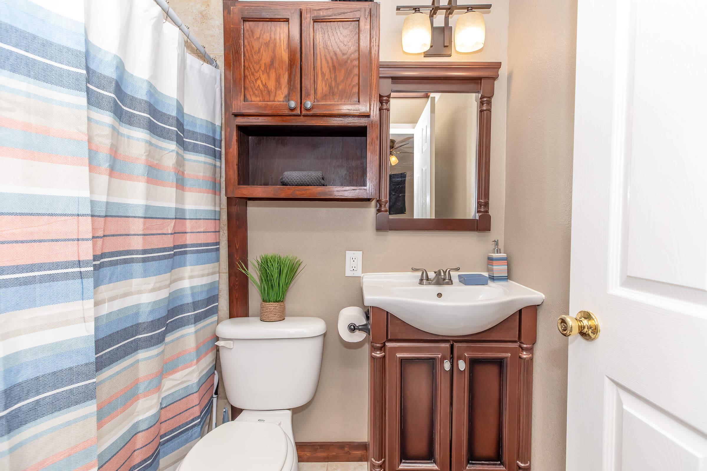 A small, well-lit bathroom featuring a white toilet, a wooden vanity with a sink, and a mirror above it. There is a neatly arranged shower curtain with striped patterns and a small plant on the vanity. The walls are painted a light color, creating a cozy atmosphere.