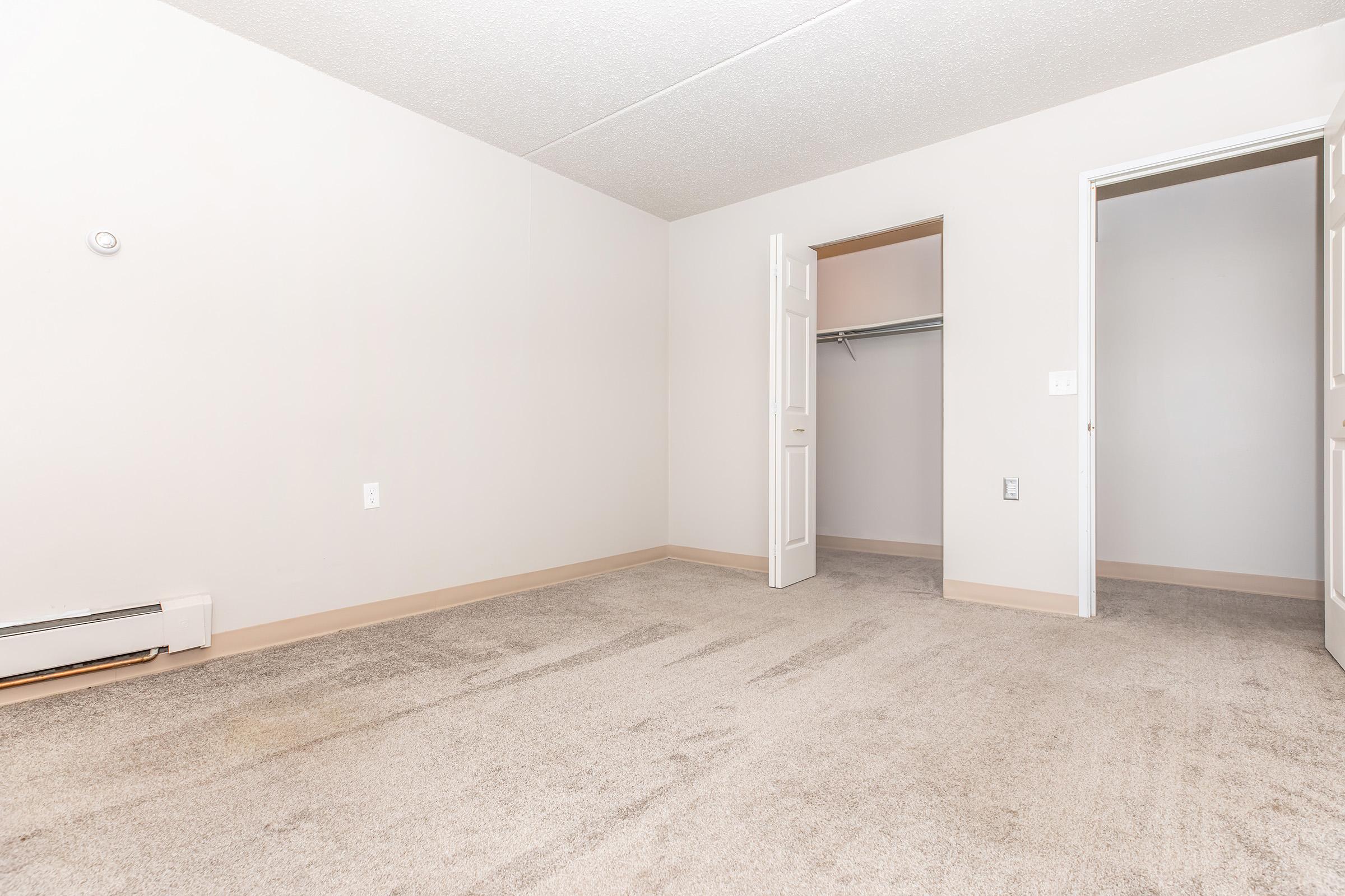 A spacious, empty room with light-colored walls and carpeted flooring. The room features two doors, one leading to a closet with a hanging rod and the other to an outside area. Natural light fills the space, creating a bright and airy atmosphere.