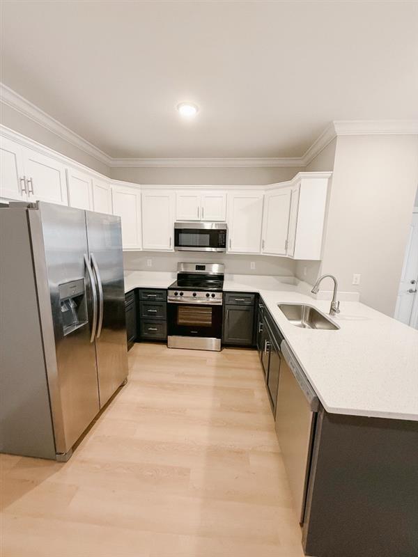 A modern kitchen featuring a stainless steel refrigerator, an oven/stove, and a microwave. The cabinetry is white with a dark base, complemented by a light countertop. A double sink is positioned in front of a window, and the flooring is light wood. The overall design is sleek and contemporary.