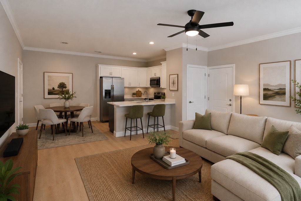 A modern living room featuring a beige sofa with green accents, a round wooden coffee table with a candle, and a neutral, textured area rug. The open-concept space includes a dining area with a round table, four chairs, and a kitchen with white cabinets, stainless steel appliances, and a ceiling fan.
