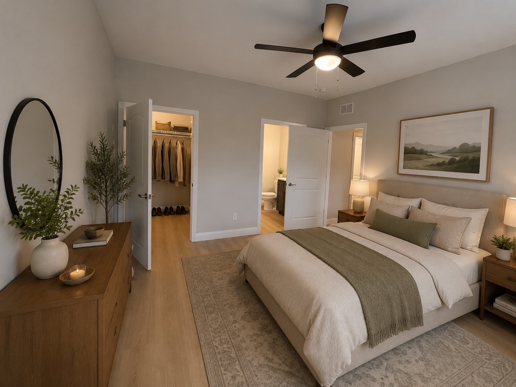 A modern, cozy bedroom featuring a beige bed with a textured throw blanket, wooden nightstands with lamps, and a large round mirror. A closet is visible in the background, and a bathroom door is slightly open. Soft lighting and neutral colors create a serene atmosphere.
