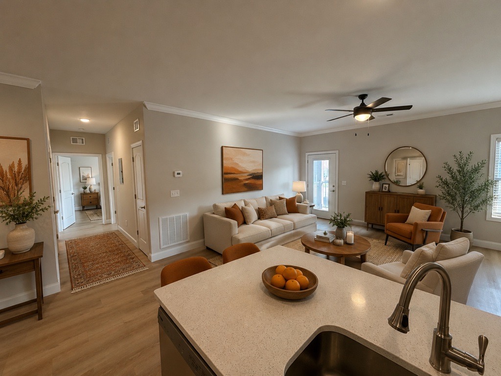 A spacious, modern living room featuring a light-colored sectional sofa, a coffee table with a bowl of oranges, and a stylish sideboard. Natural light enters through large windows, while neutral tones and decorative plants create a cozy atmosphere. A hallway leads to additional rooms in the background.