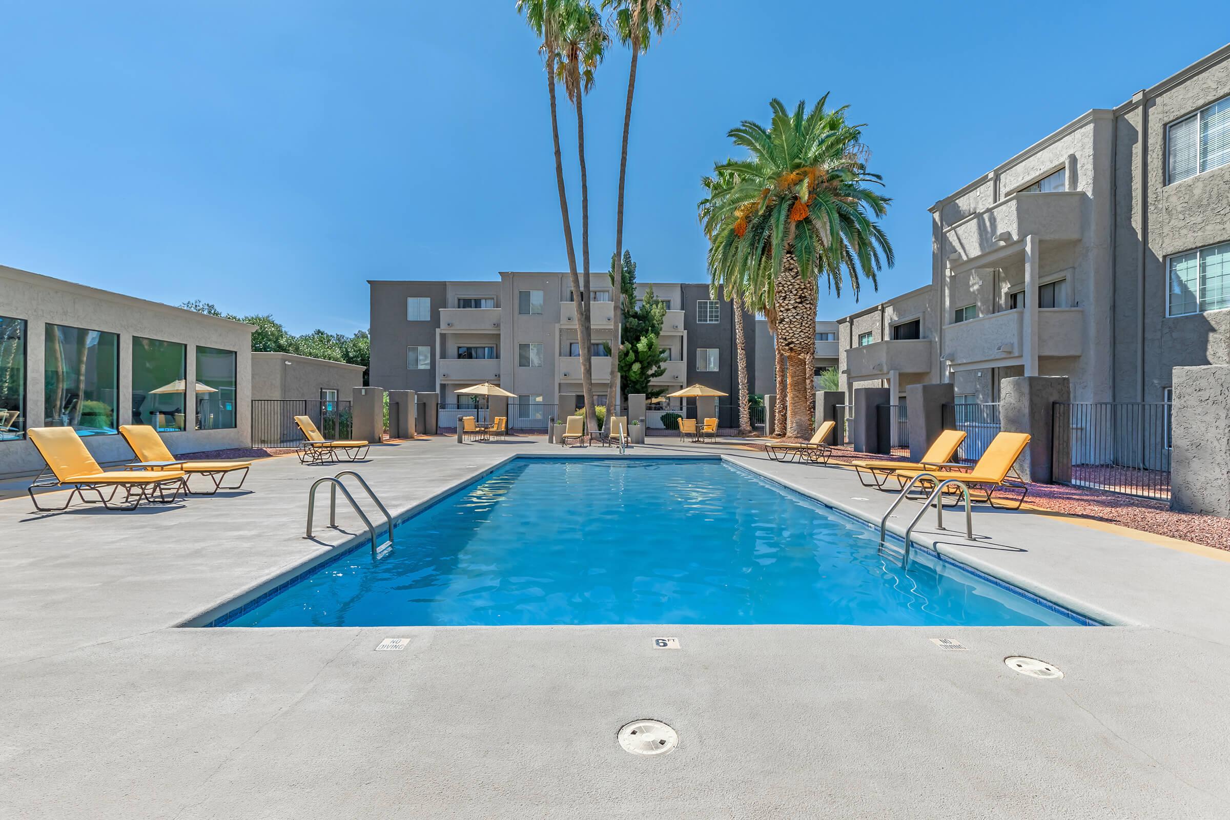 a pool next to a building